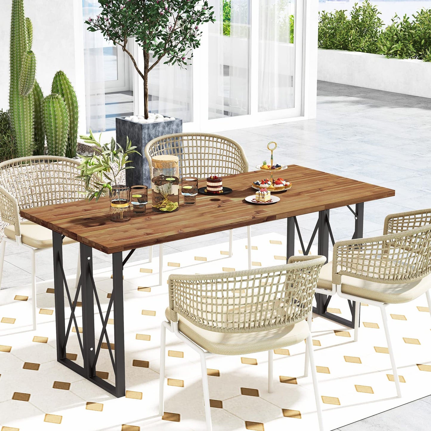Tangkula 67 Inch Outdoor Dining Table, Acacia Wood Patio Table with 2 Inch Umbrella Hole