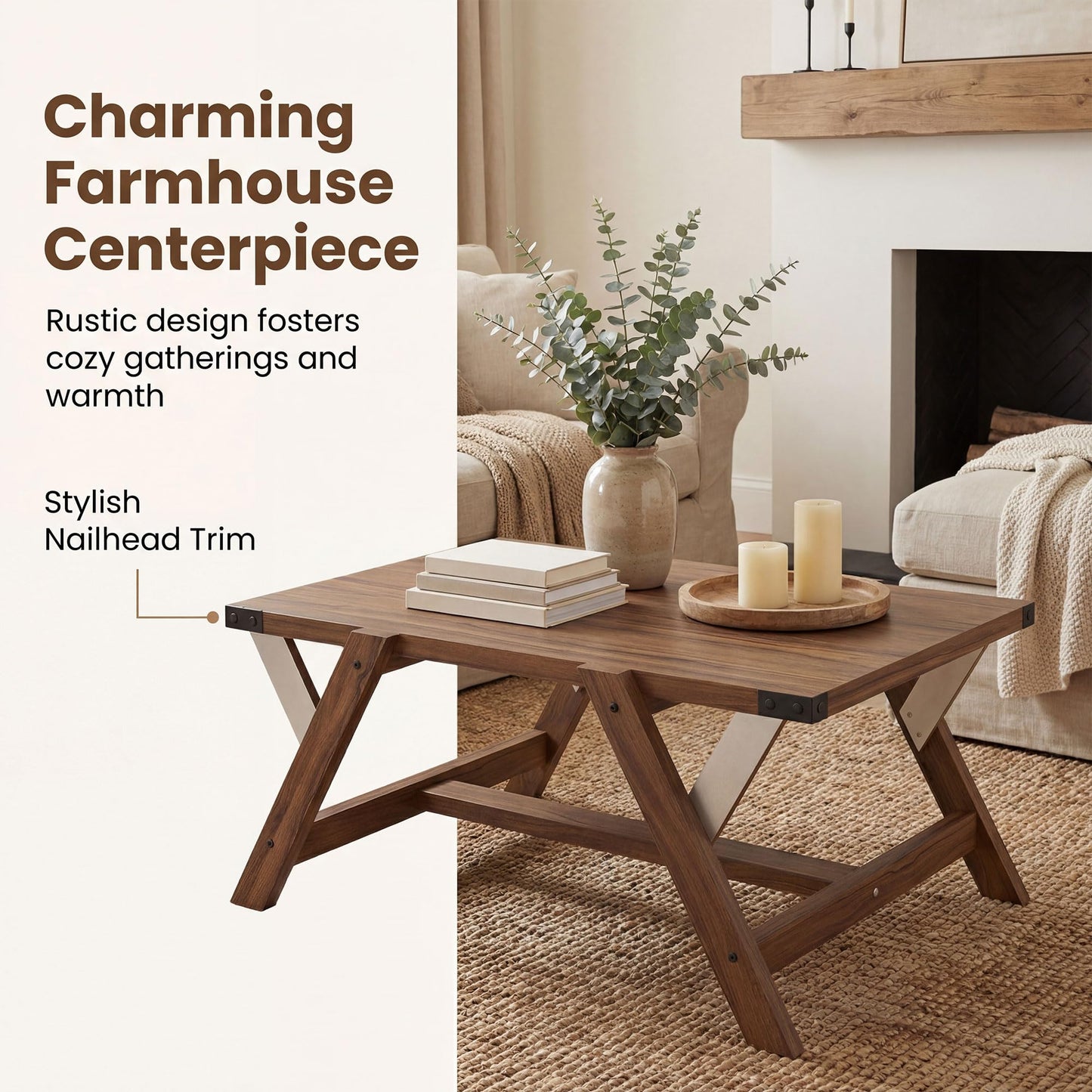Tangkula Farmhouse 35.5-Inch Rectangle Wooden Coffee Table for Living Room