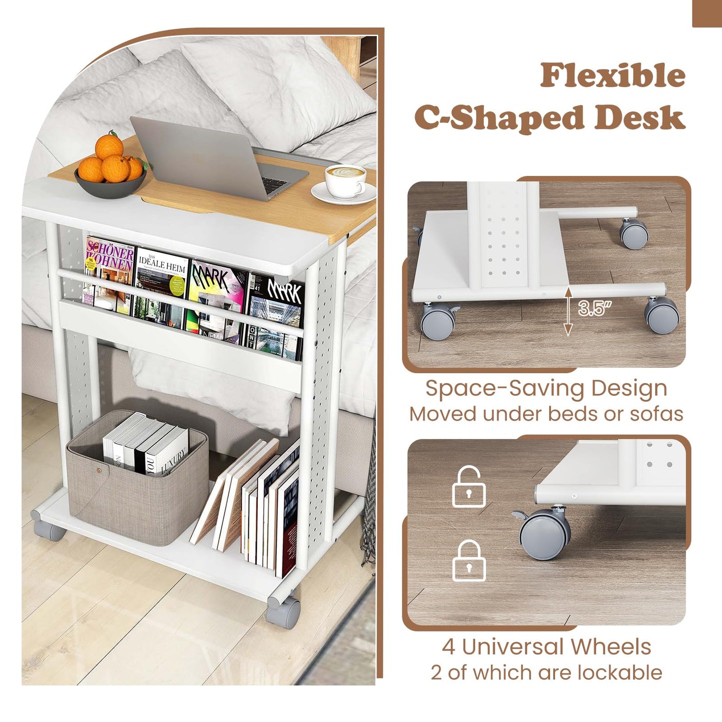 Tangkula Rolling Computer Desk Cart with Tilting Tabletop for Living Room Bedroom