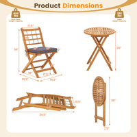 Tangkula 3 Piece Patio Wood Bistro Set, Folding Table Chair Set w/Soft Seat Cushions