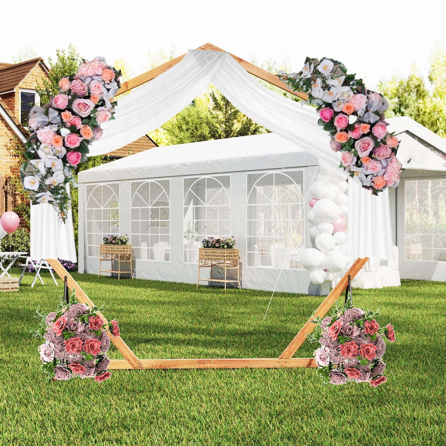 Tangkula 7FT Wedding Arch Heptagon Wooden Arch for Wedding Ceremony