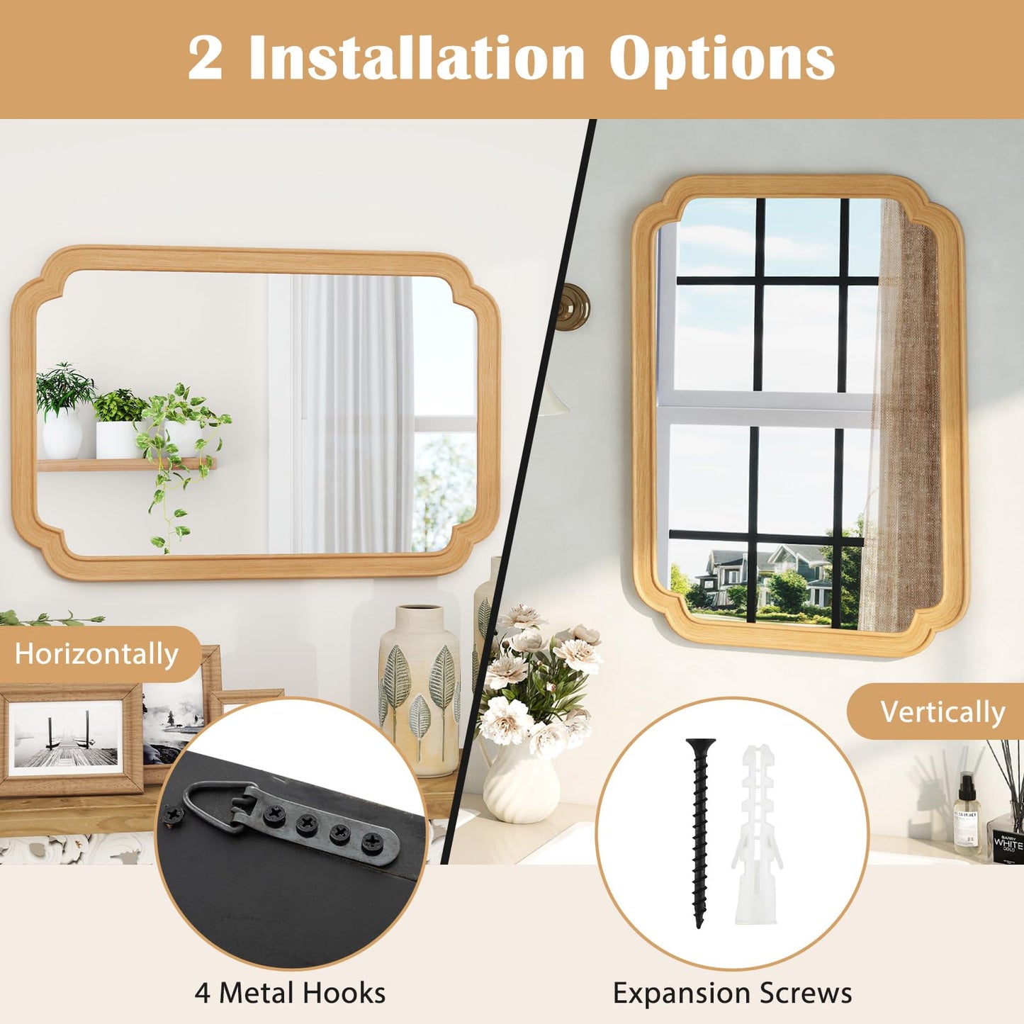 Tangkula Rounded Corner Arch Wall Mirror for Bathroom Living Room Entryway Bedroom