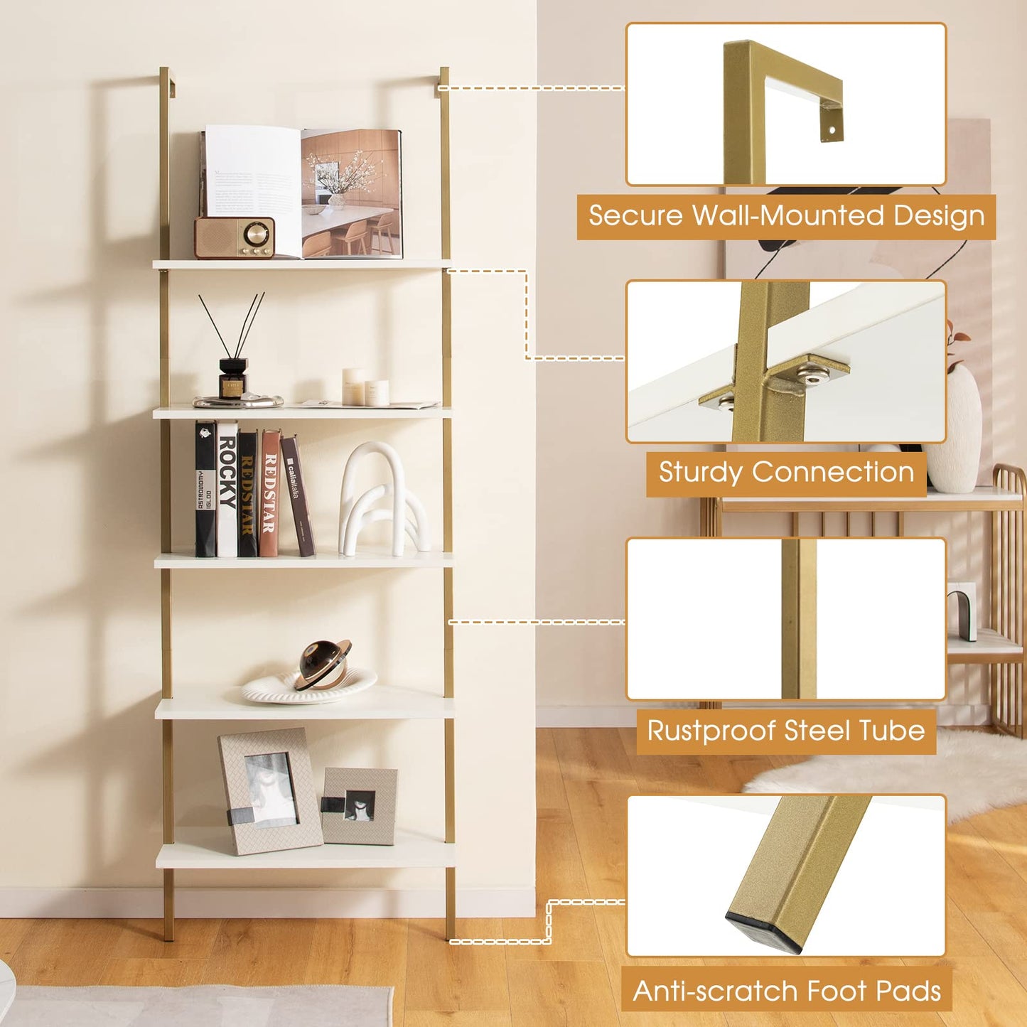 Tangkula 5-Tier Bookshelf Modern Wall Mounted Ladder Shelf