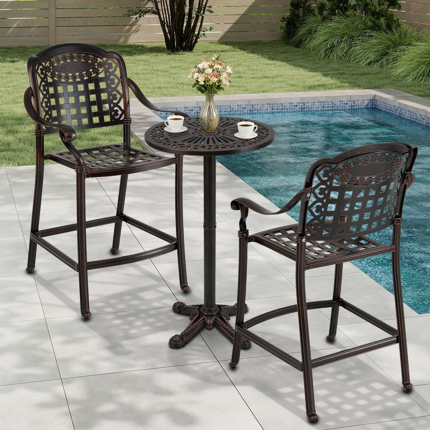 Tangkula 3 Piece Patio Bar Set, Outdoor Cast Aluminum Round High Top Table & 2 Counter Height Bar Stools
