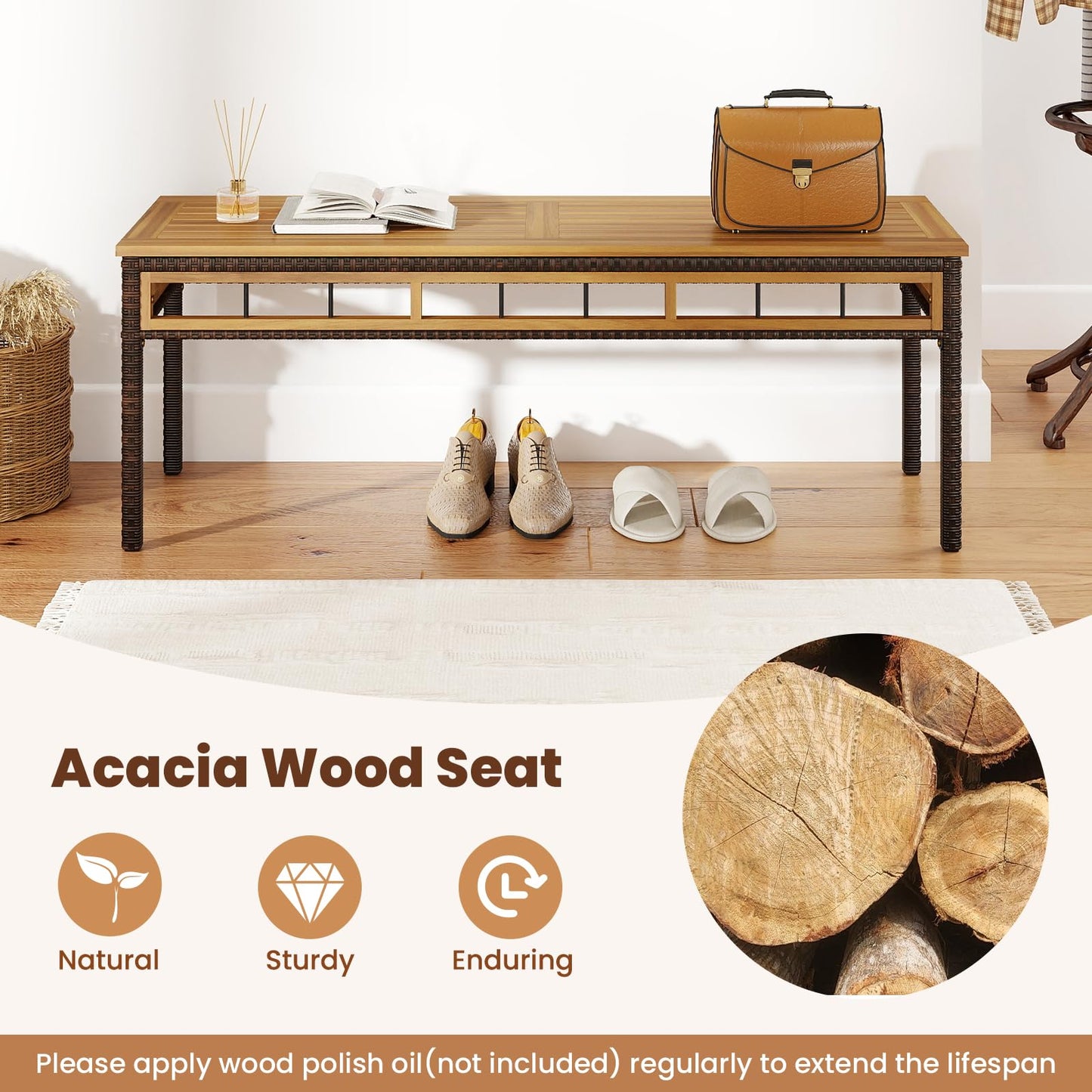 Tangkula Outdoor Wicker Bench with Removable Padded Cushion