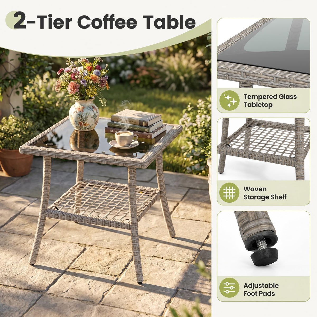 Tangkula 3-Piece Outdoor Wicker Rocking Bistro Set with 2-Tier Coffee Table