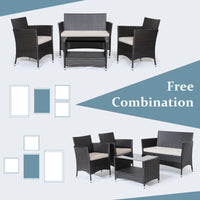 Tangkula 4 Pieces Patio Furniture Set, Patiojoy Outdoor PE Wicker Conversation Set with Soft Cushions and Tempered Glass Tabletop