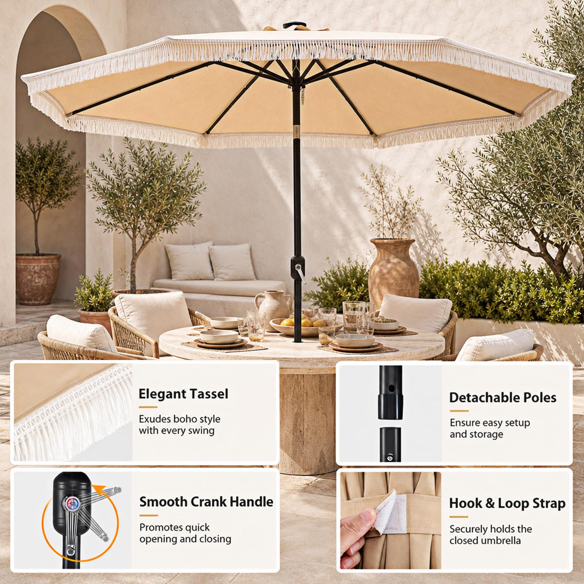 Tangkula 10 FT Solar Patio Umbrella with Fringe
