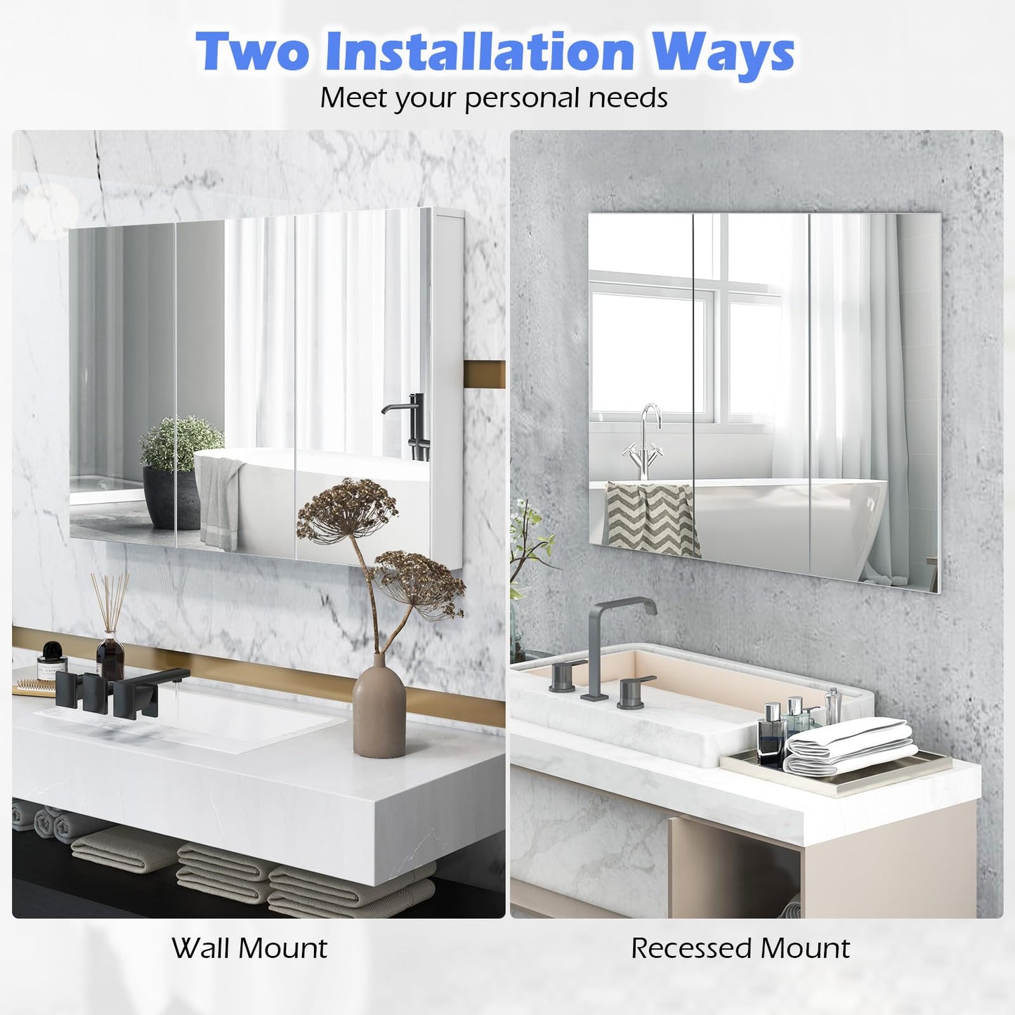 Tangkula 36" Wide Wall Mount Mirrored Bathroom Medicine Cabinet Storage 3 Mirror Door