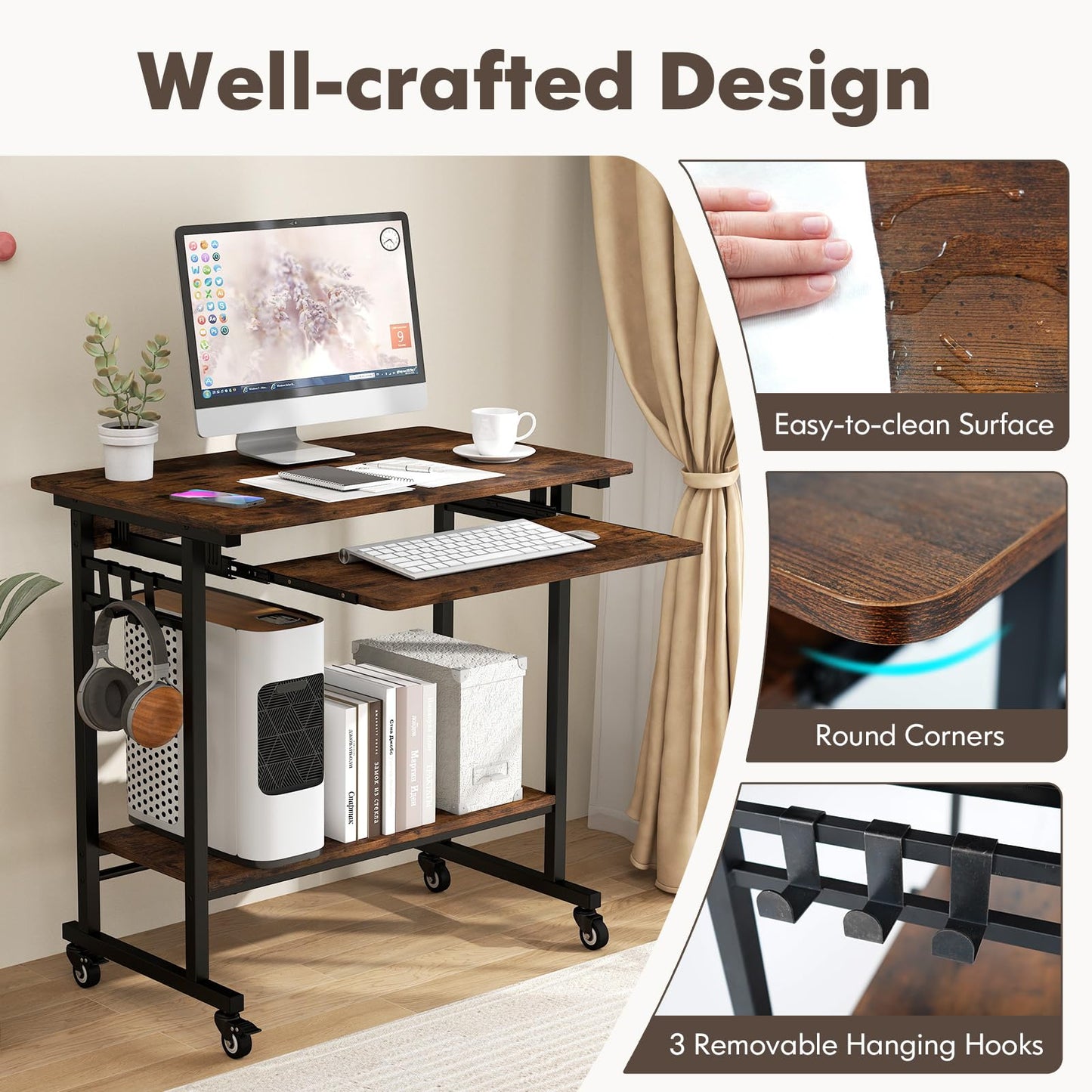 Tangkula Rolling Computer Desk Cart with Keyboard Tray