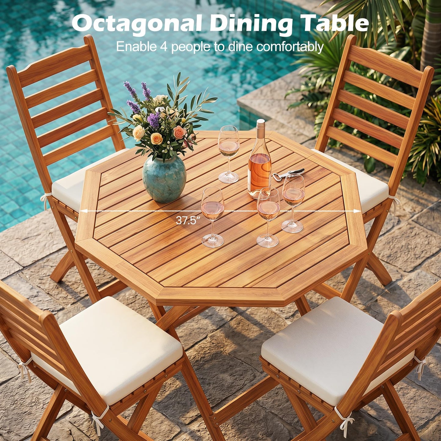 Tangkula 37.5" Acacia Wood Octagonal Folding Patio Table for 4