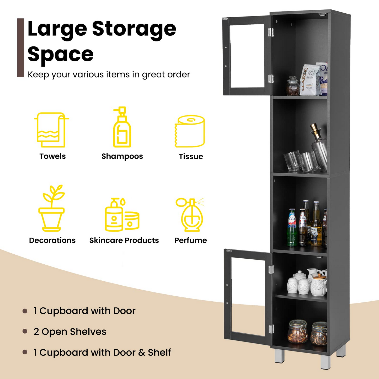 Tangkula Tall Bathroom Cabinet, Home Bedroom Living Room Wood Linen Storage Cabinet Free Standing