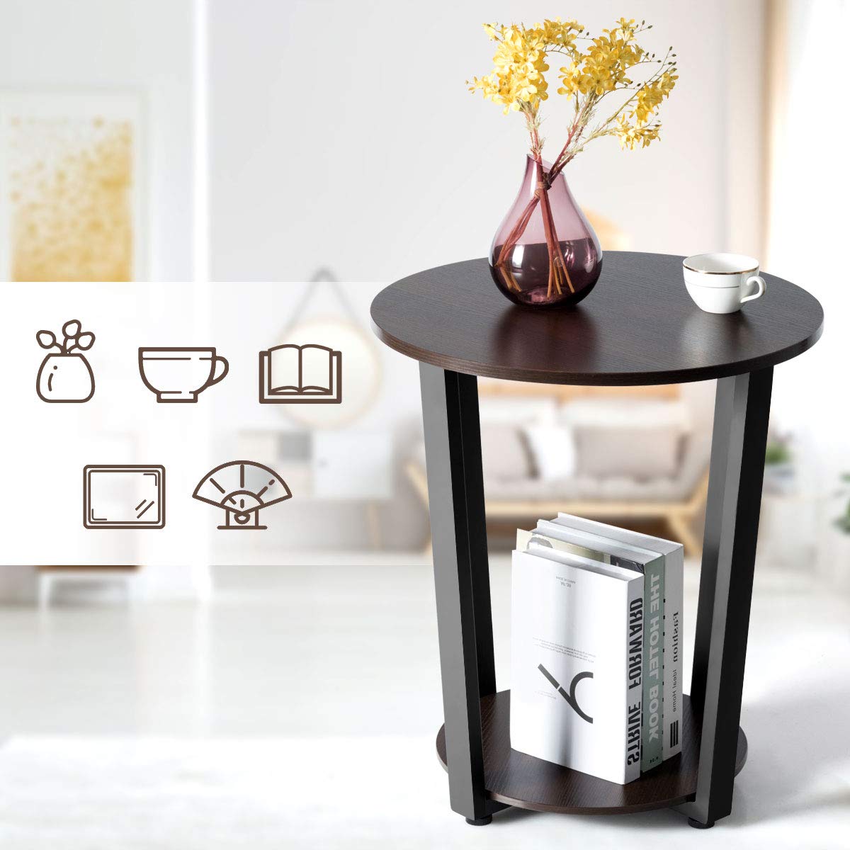 Tangkula Round End Table, 2-Tier Metal Sofa Table with Storage Shelf