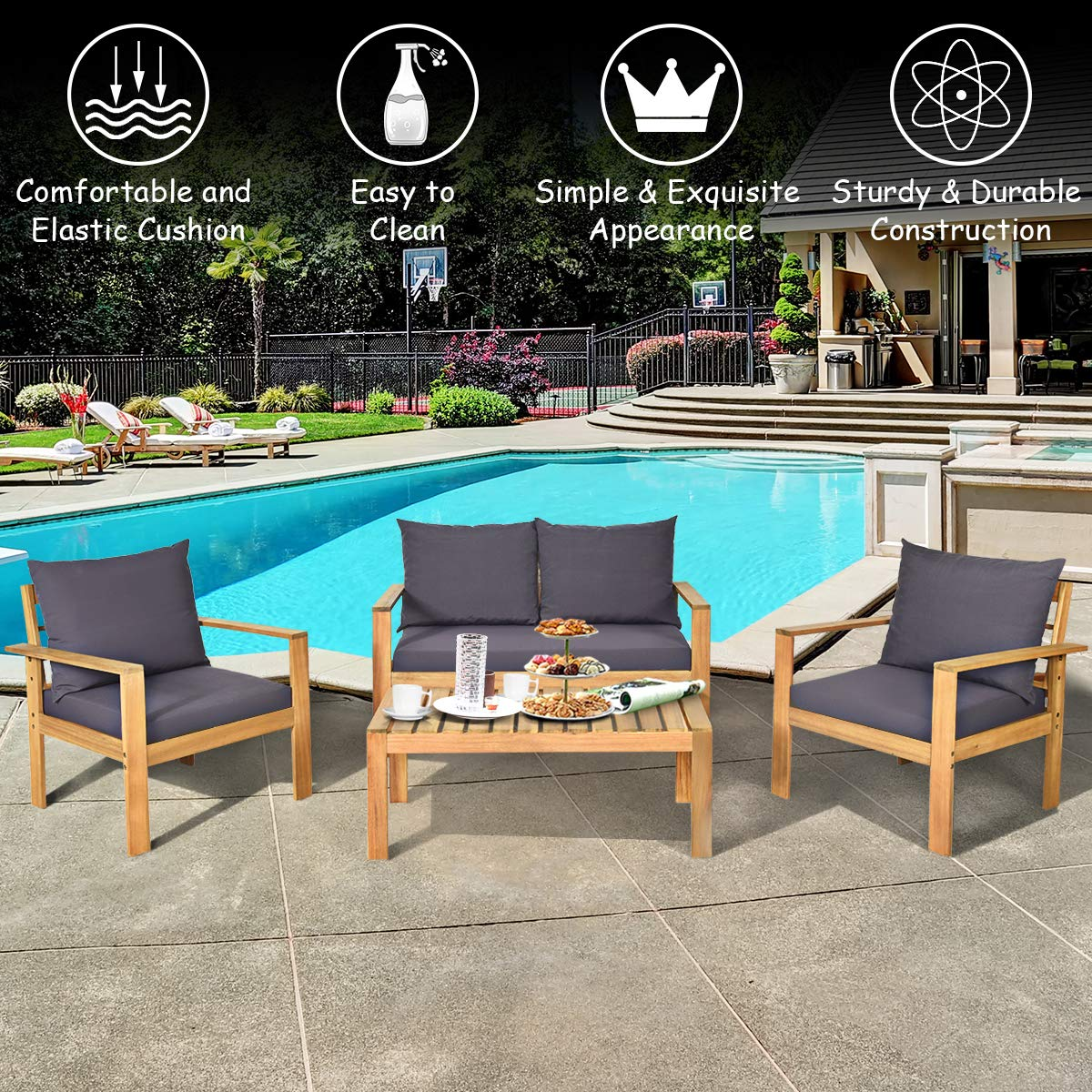 Tangkula Outdoor Conversation Sofa and Table Set with Water Resistant Cushions