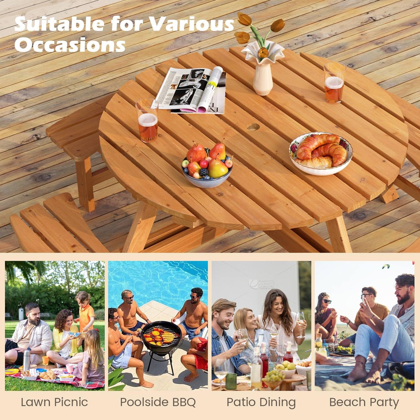 Tangkula 8-Person Wood Picnic Table Outdoor Round Table and Bench Set