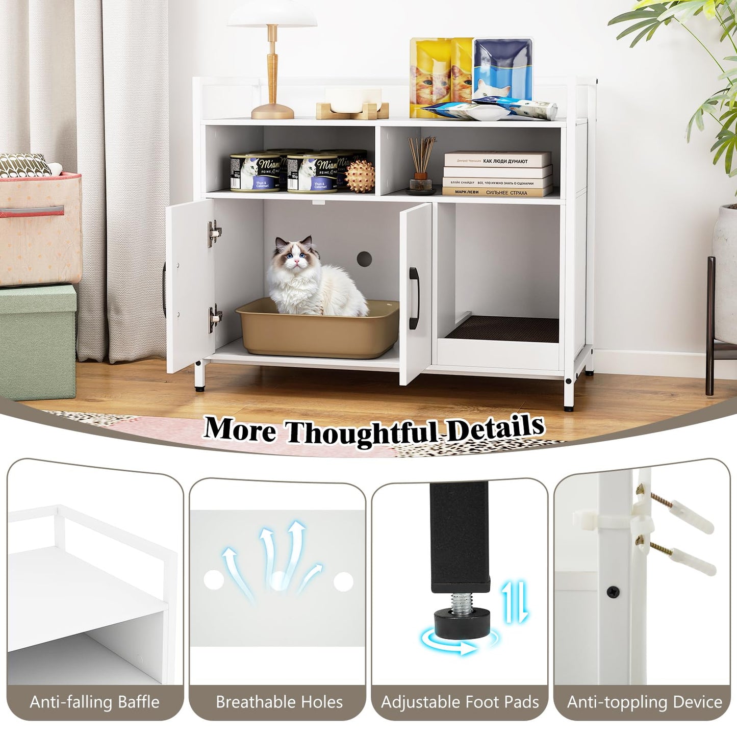 Meuble Cache-Litière Tangkula avec 2 Compartiments de Rangement pour Chatons d'Intérieur