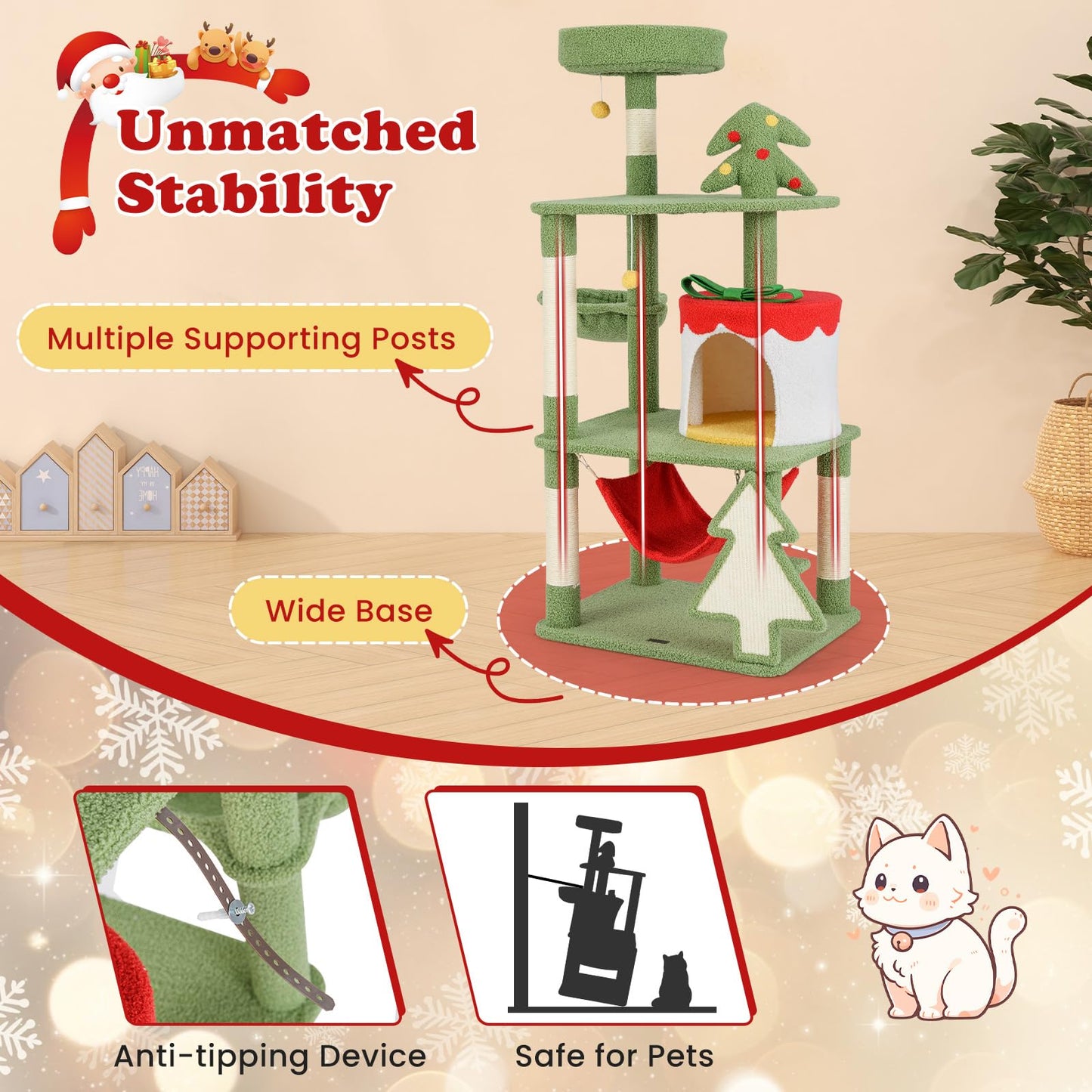 Tangkula Christmas Cat Tree, 52” Tall Cat Tower with Sisal Scratching Posts & Xmas Tree