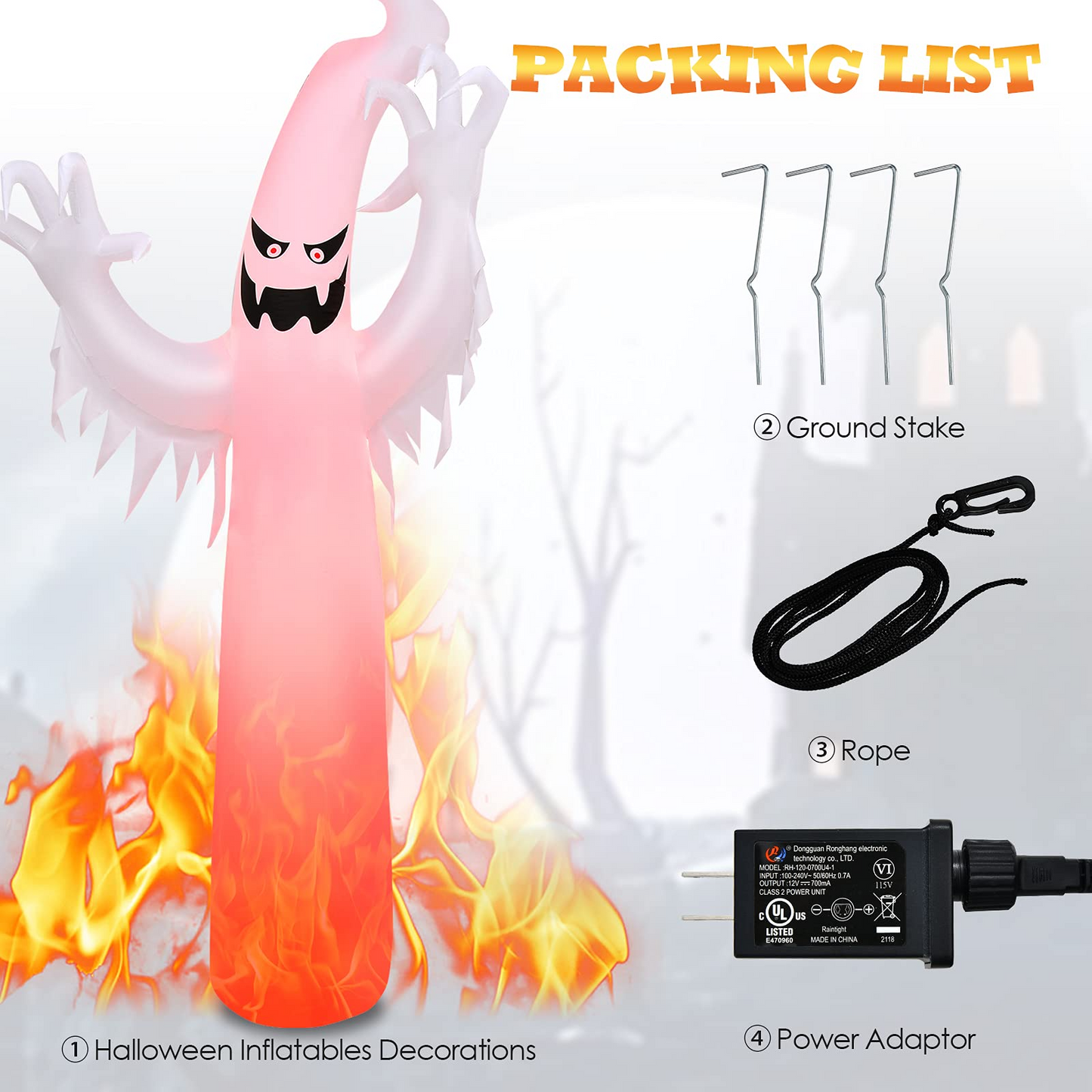 Tangkula 12 FT Halloween Inflatable Ghost W/ Rotating Flame LED Lights, Air Blower, Stake, Sandbag
