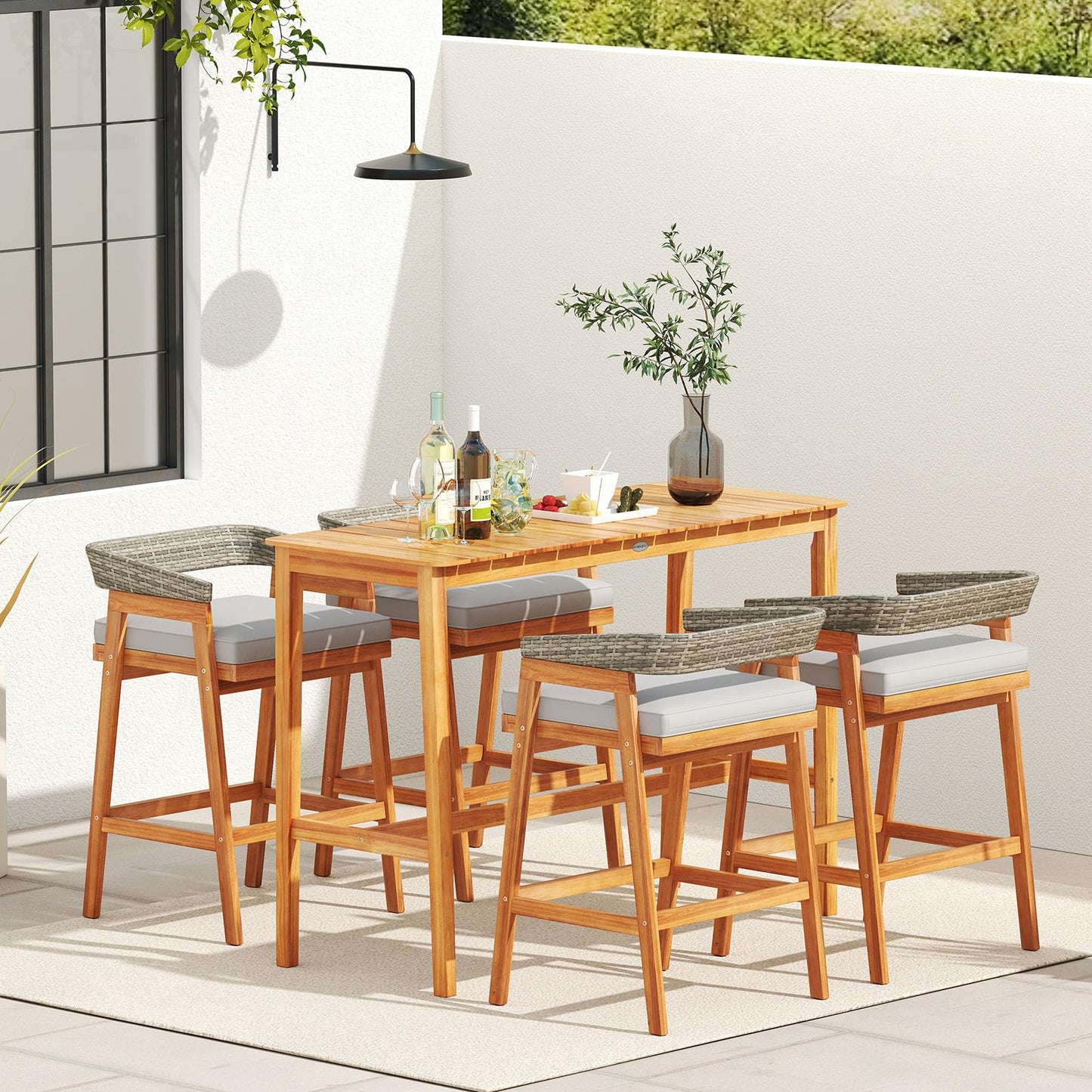 Tangkula Patio Bar Table 54” x 22” Acacia Wood Counter Height Table