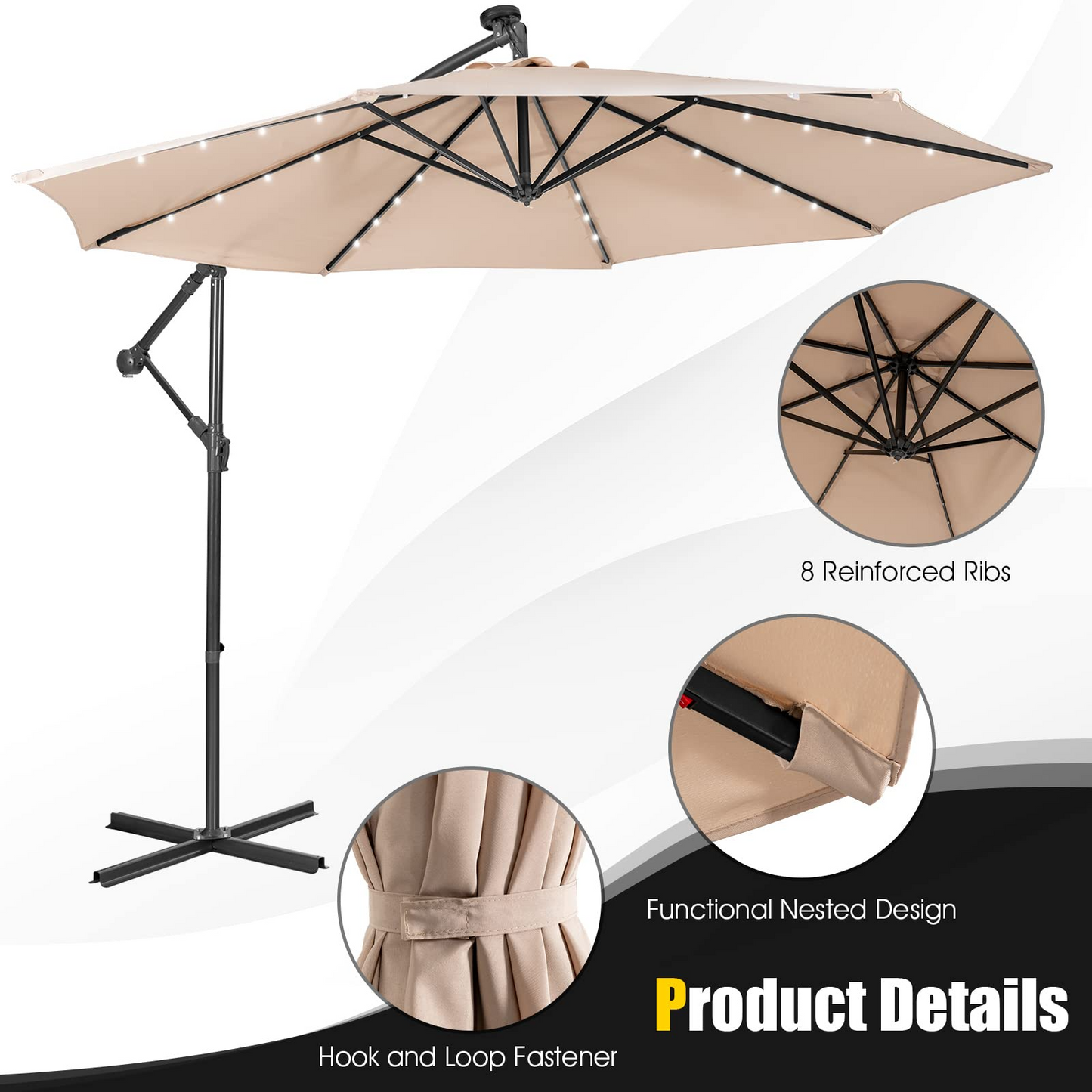 Tangkula 10 ft Cantilever Umbrella w/32 Solar-Powered LED Lights, Functional Tilting System & Hand-Crank Mechanism