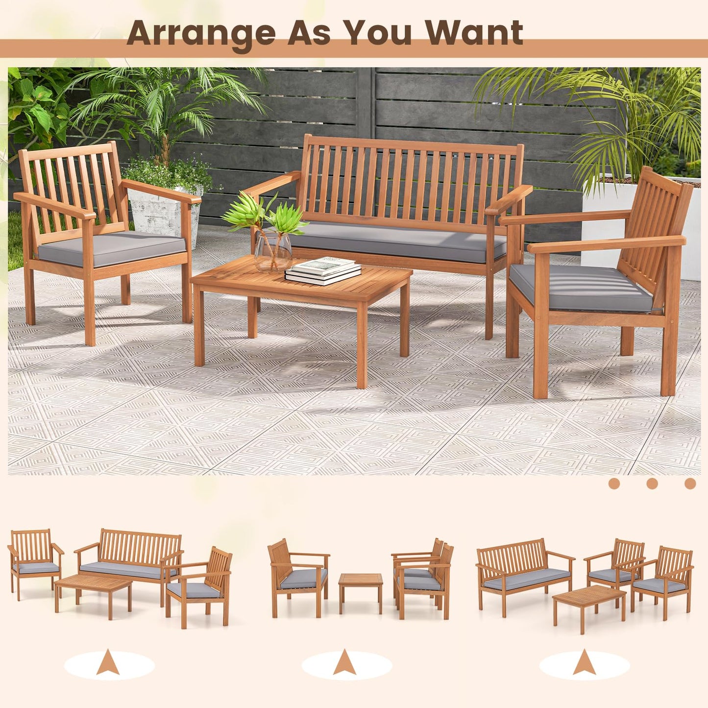 Tangkula 4 Piece Patio Wood Furniture Set, Acacia Wood Sofa Set w/Loveseat, 2 Chairs & Coffee Table