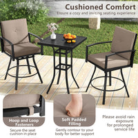 Tangkula 3 Pieces Patio Swivel Bar Set Outdoor Metal Bar Table and Chairs Set