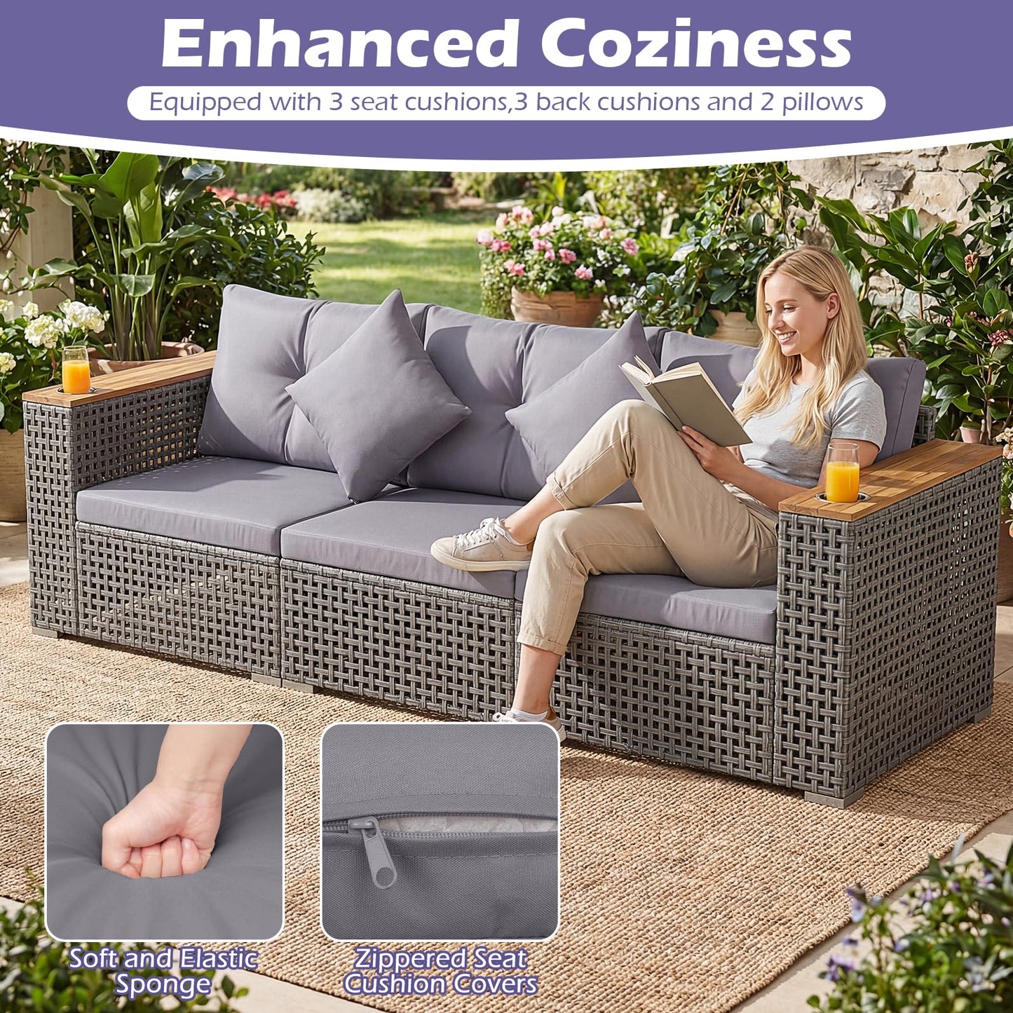 Tangkula 86.5" Large 3-Seat Patio Wicker Sofa for Garden