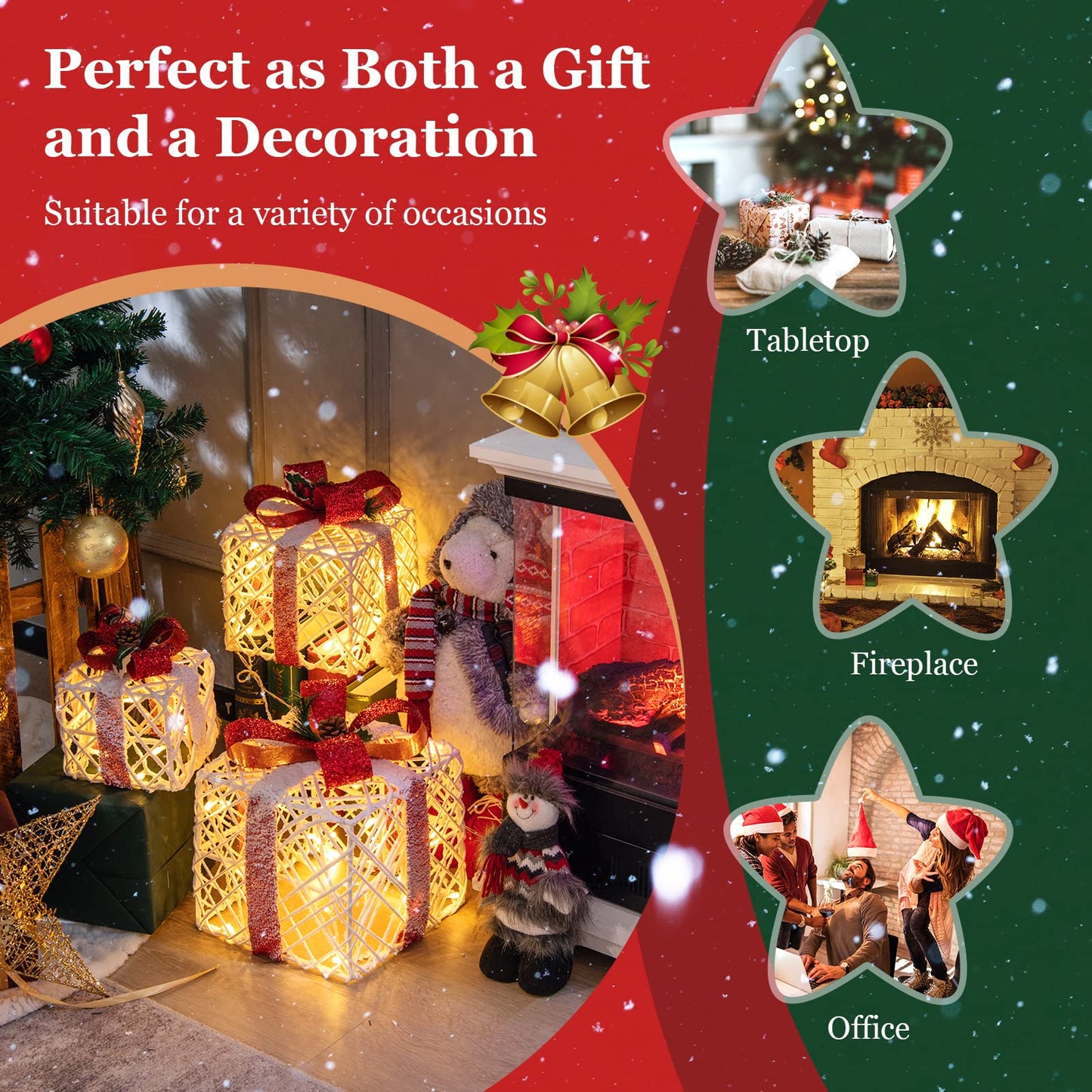 Tangkula Set of 3 Lighted Box Pre-lit Present Boxes with 100 Warm White Lights