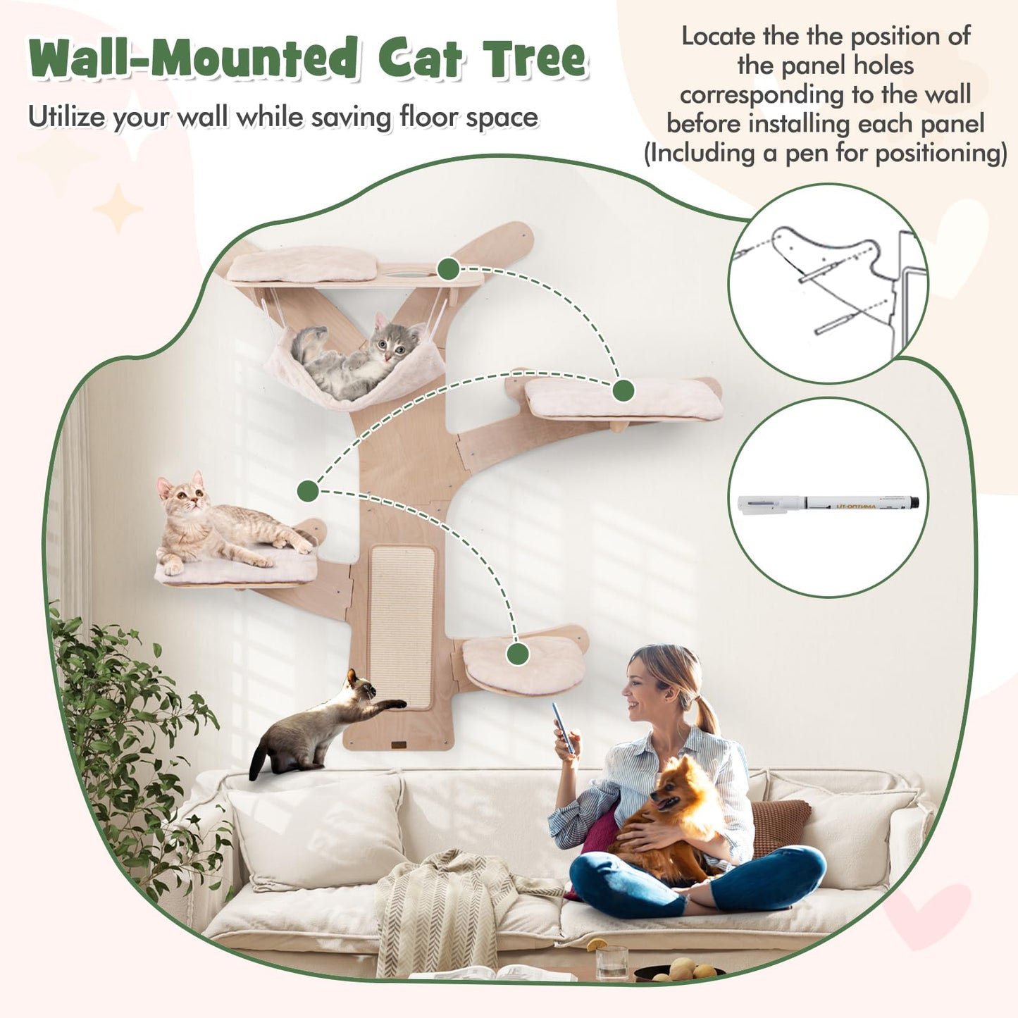 Meuble Arbre à Chat Mural Tangkula avec 4 Plateformes Rembourrées