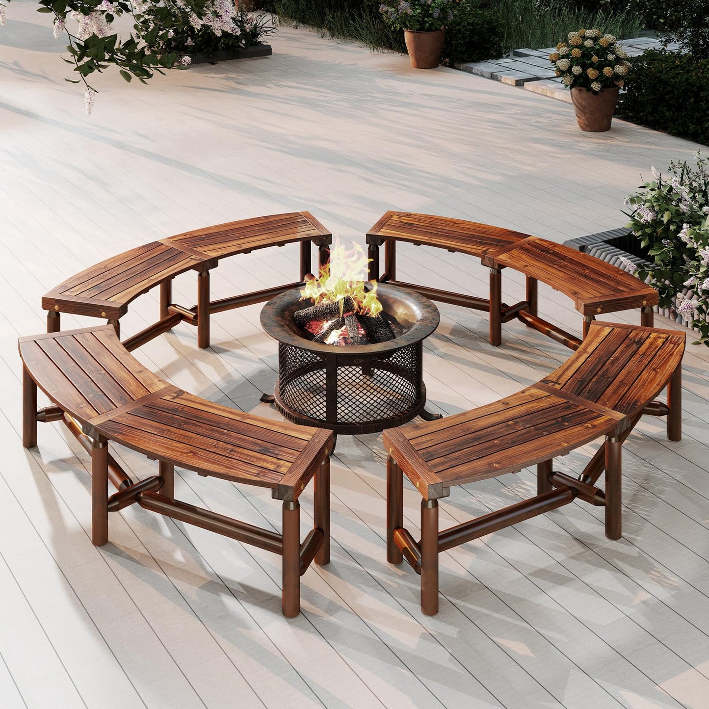 Tangkula Banc Courbé de Patio, Banc de Foyer en Bois Massif, Causeuse d'Extérieur sans Dossier