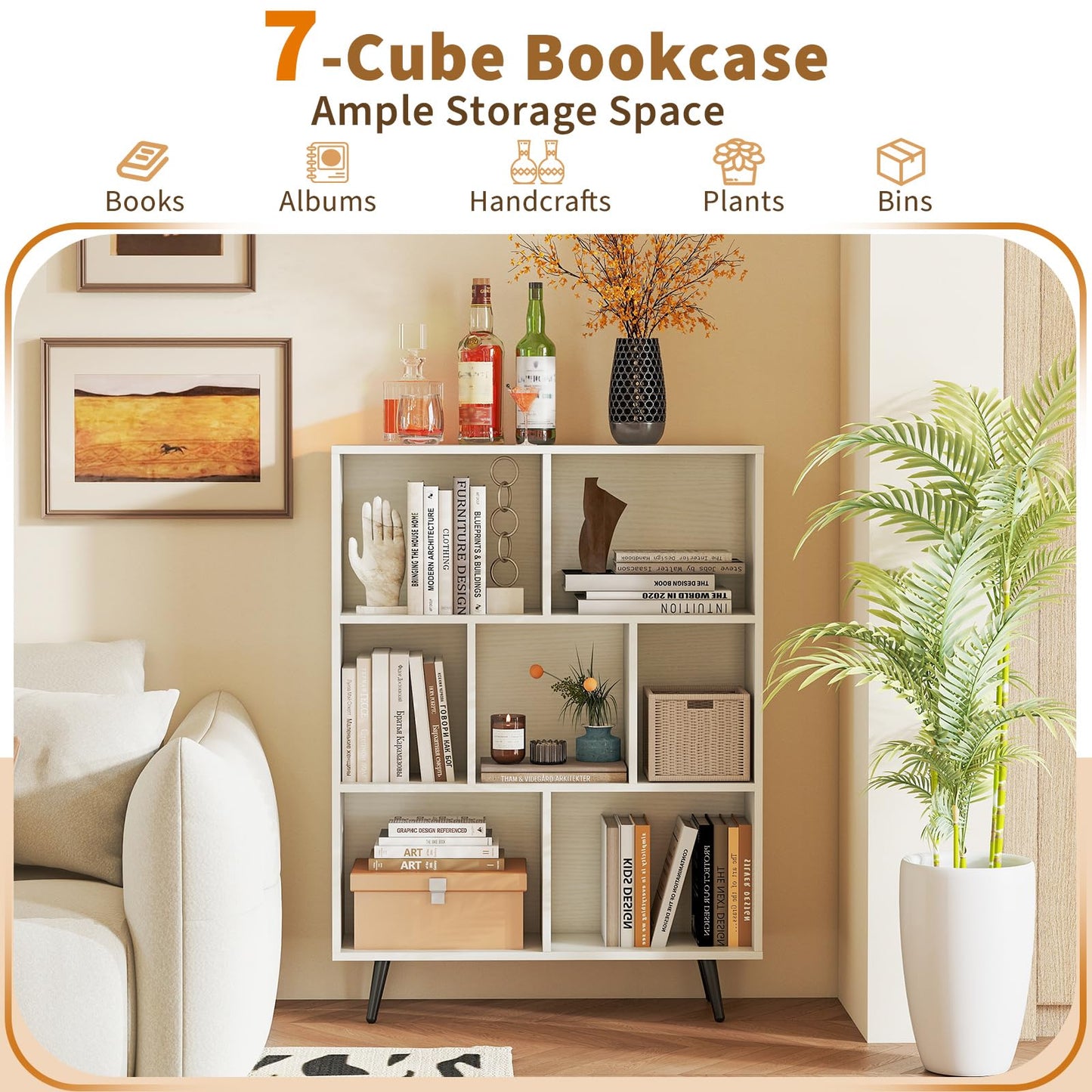 Tangkula Modern 7-Cube Bookcase with 4 Tapered Metal Legs