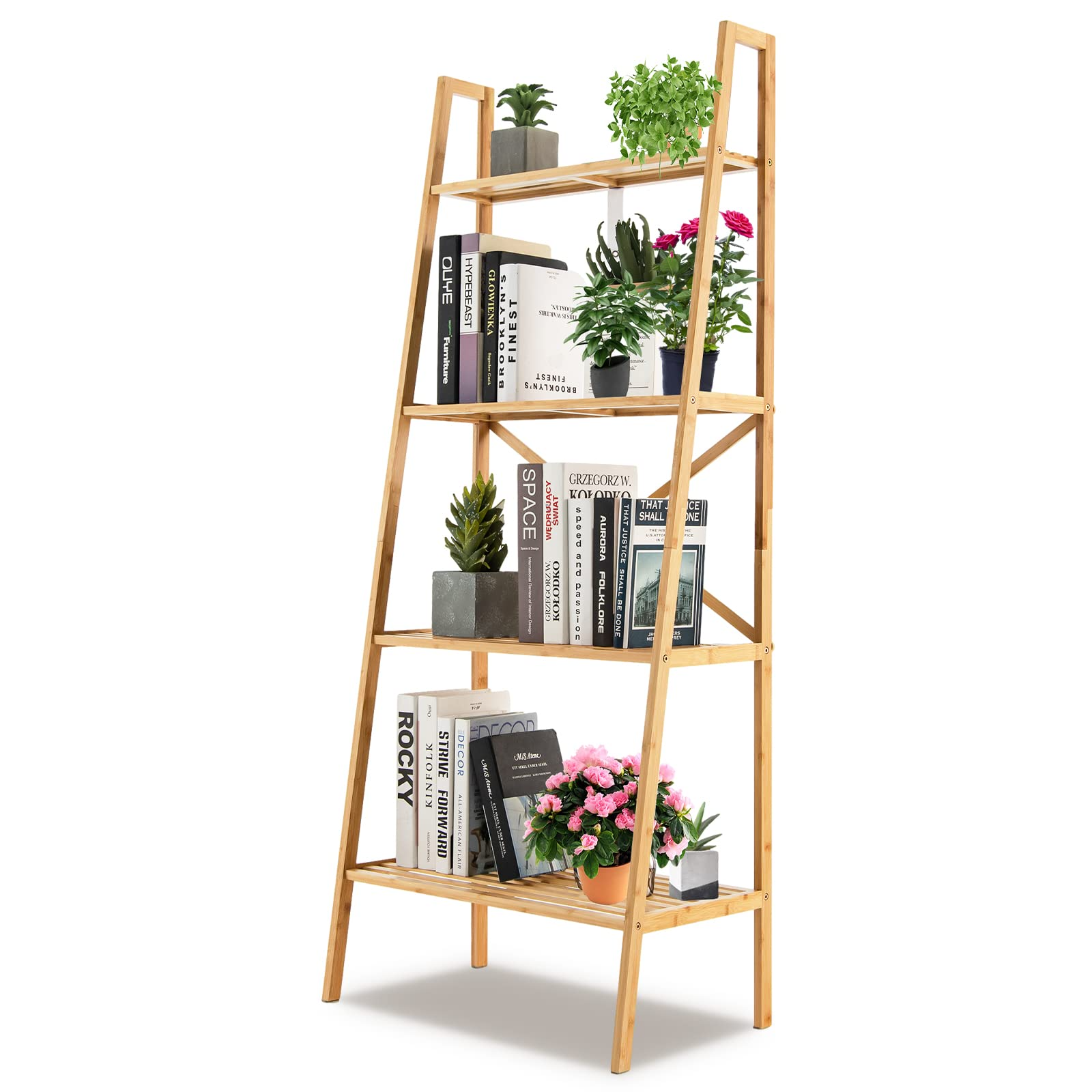 Tangkula 4 Tier Bamboo Ladder Bookshelf, Freestanding Plant Display Stand