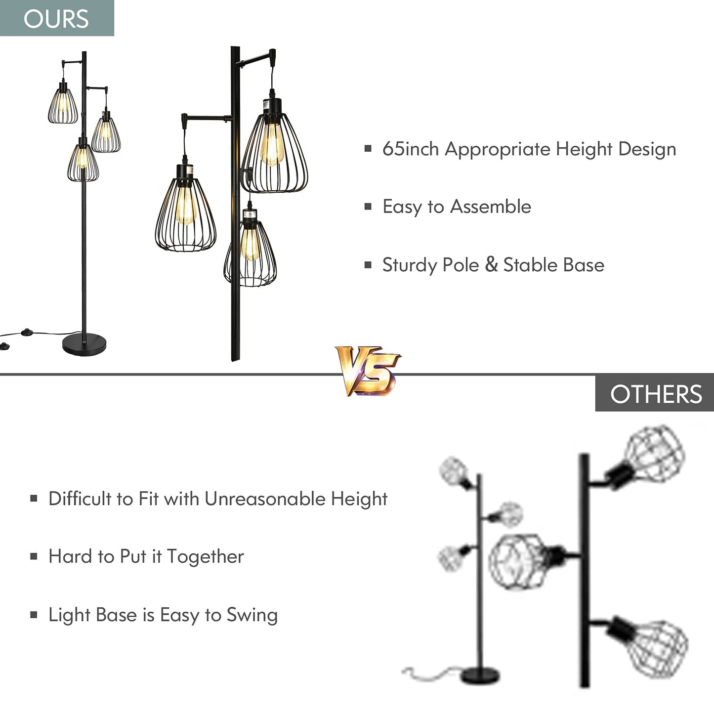 Tangkula Industrial Floor Lamp with 3 Hanging Lampshades