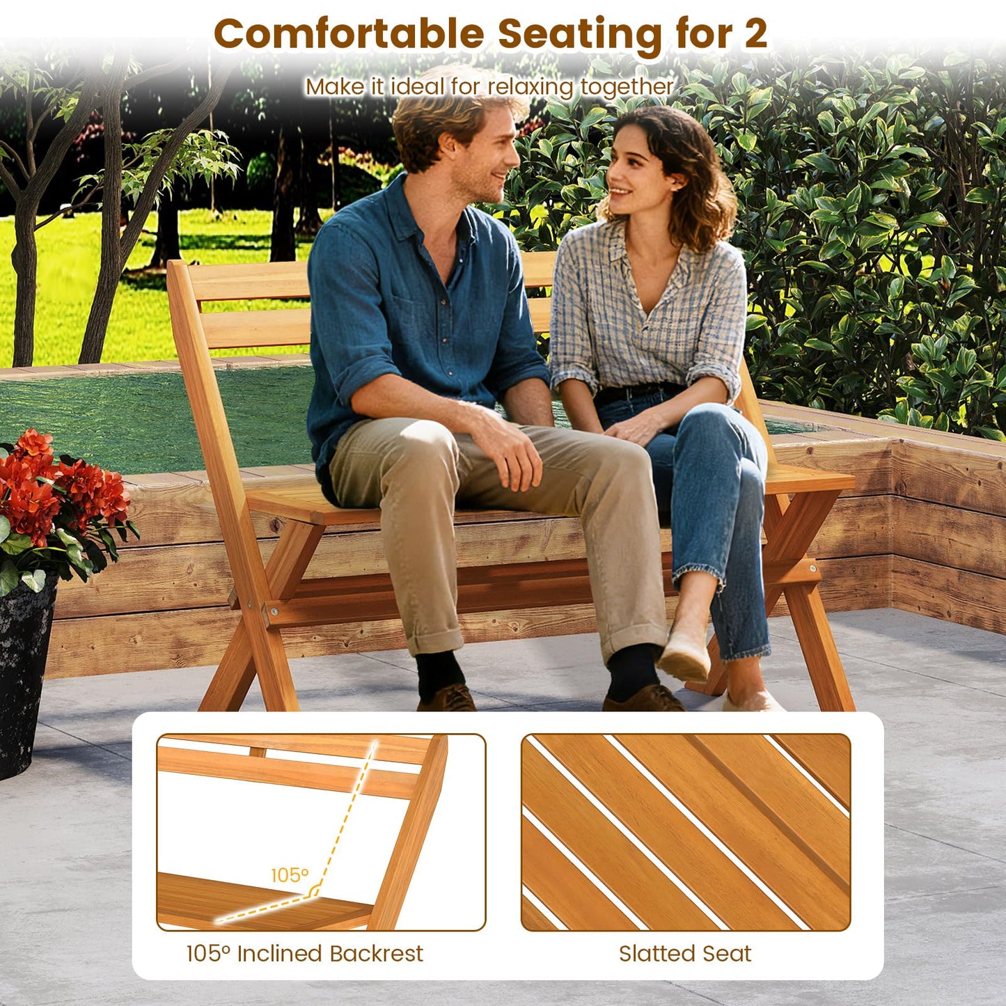 Banc extérieur pliable en bois d'acacia Tangkula, capacité 360 kg