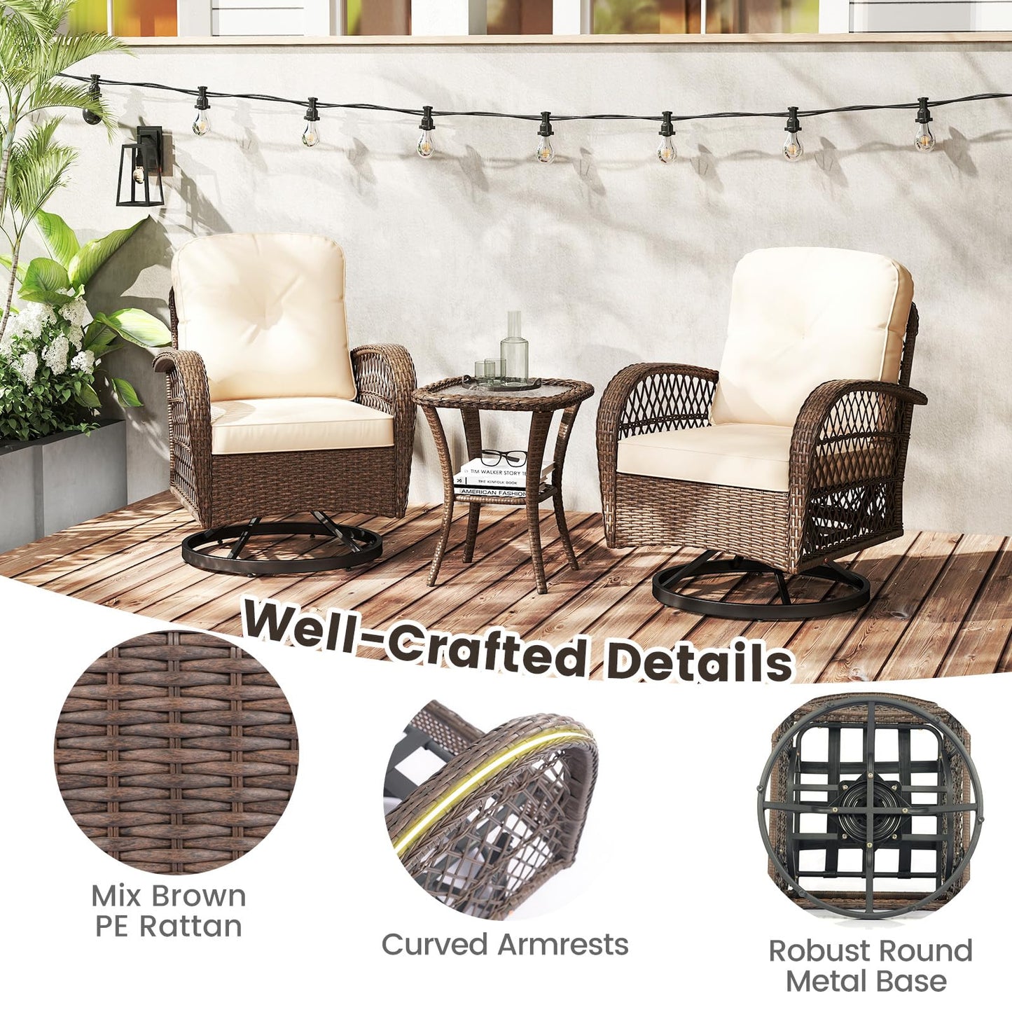Tangkula 3 Piece Patio Swivel Rocker Set 2 Outdoor Wicker Rocking Chairs