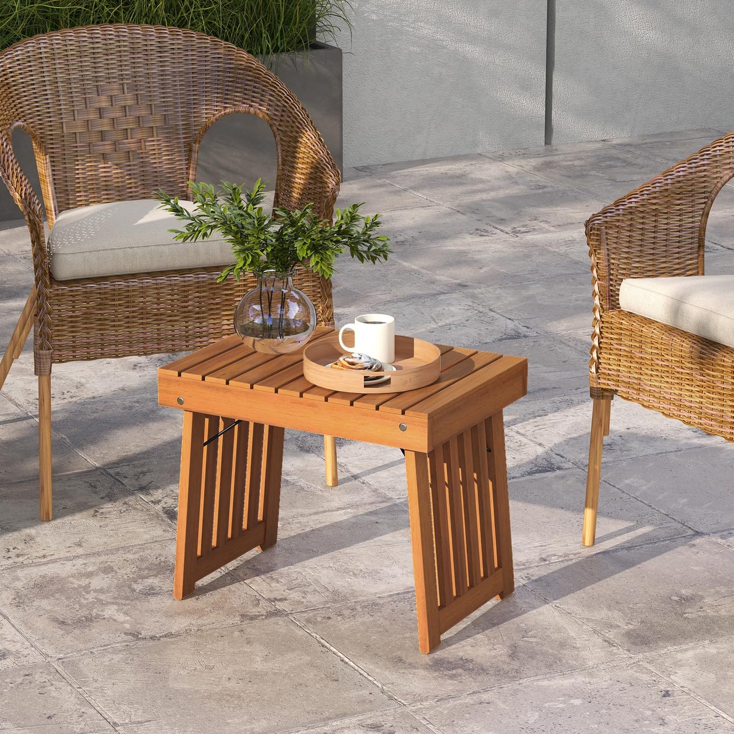 Tangkula Table d'appoint pliable pour patio, Table basse d'extérieur pliable en bois d'acacia avec plateau à lattes