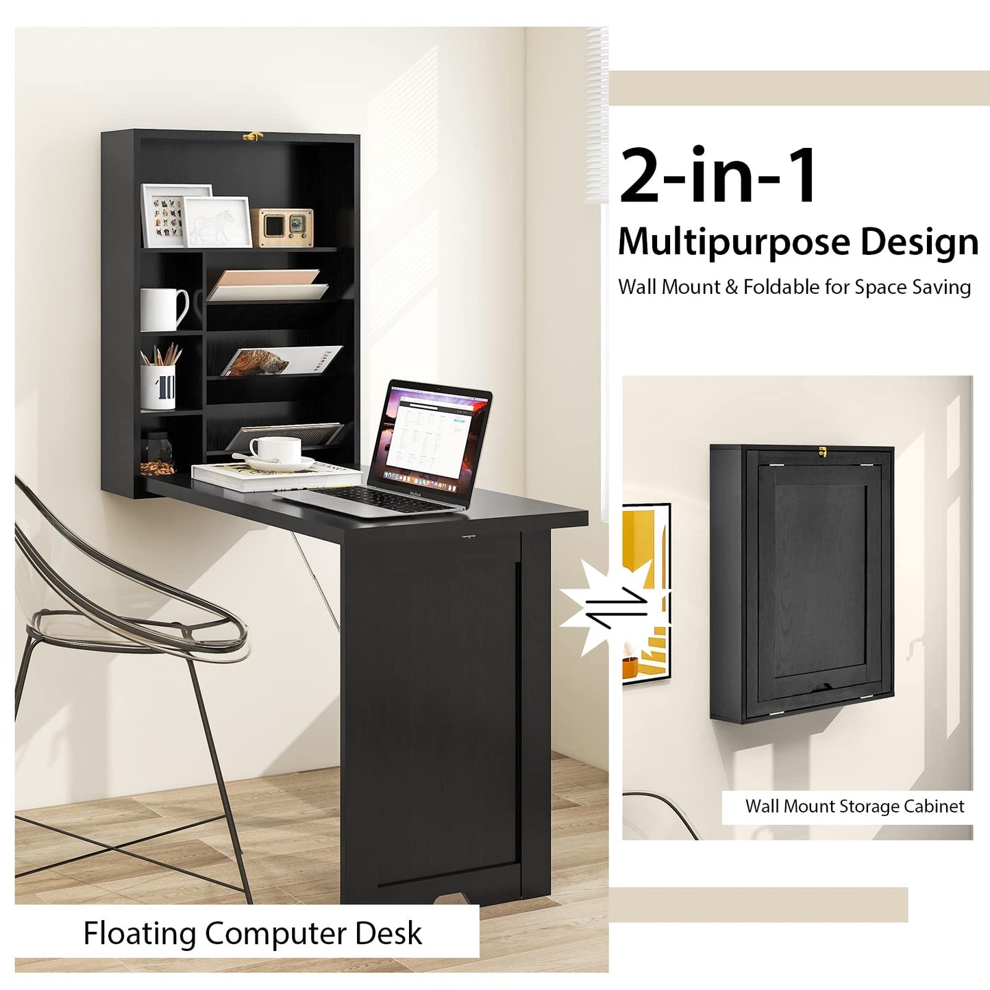 Tangkula Wall Mounted Fold Out Convertible Desk for Home Office