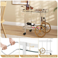 Tangkula Bar Cart for The Home, 2-Tier Rolling Tempered Glass Serving Cart, 2 Large Gold Aluminum Wheels & 2 Casters