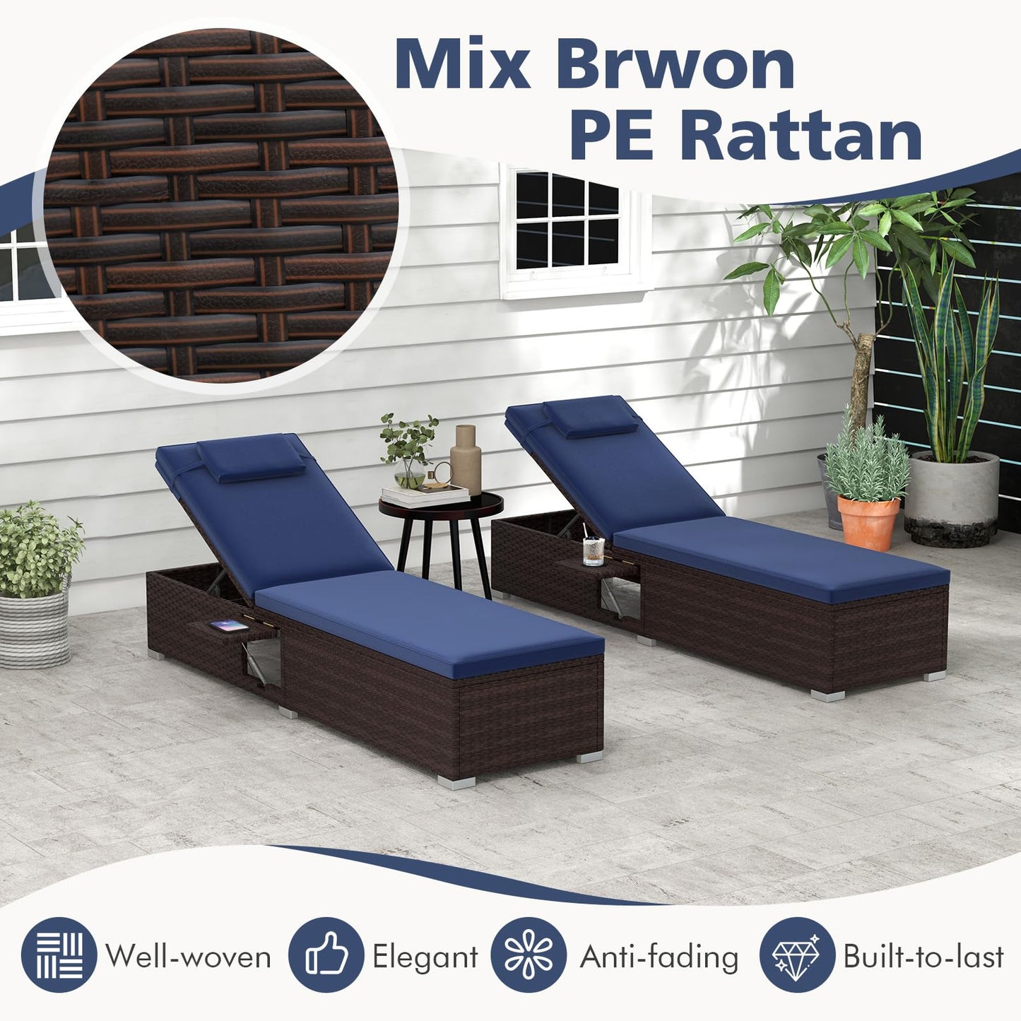 Tangkula Patio Chaise Lounge, Outdoor PE Rattan Lounge Chair w/ 6-Level Backrest