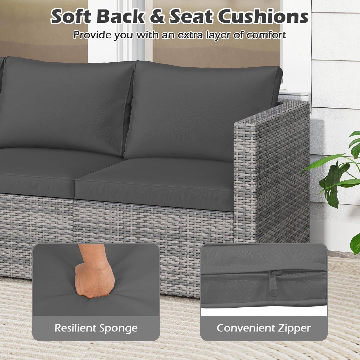 Tangkula 3 Seat Outdoor Modular PE Rattan Patio Cushioned Sectional Couch Furniture Set