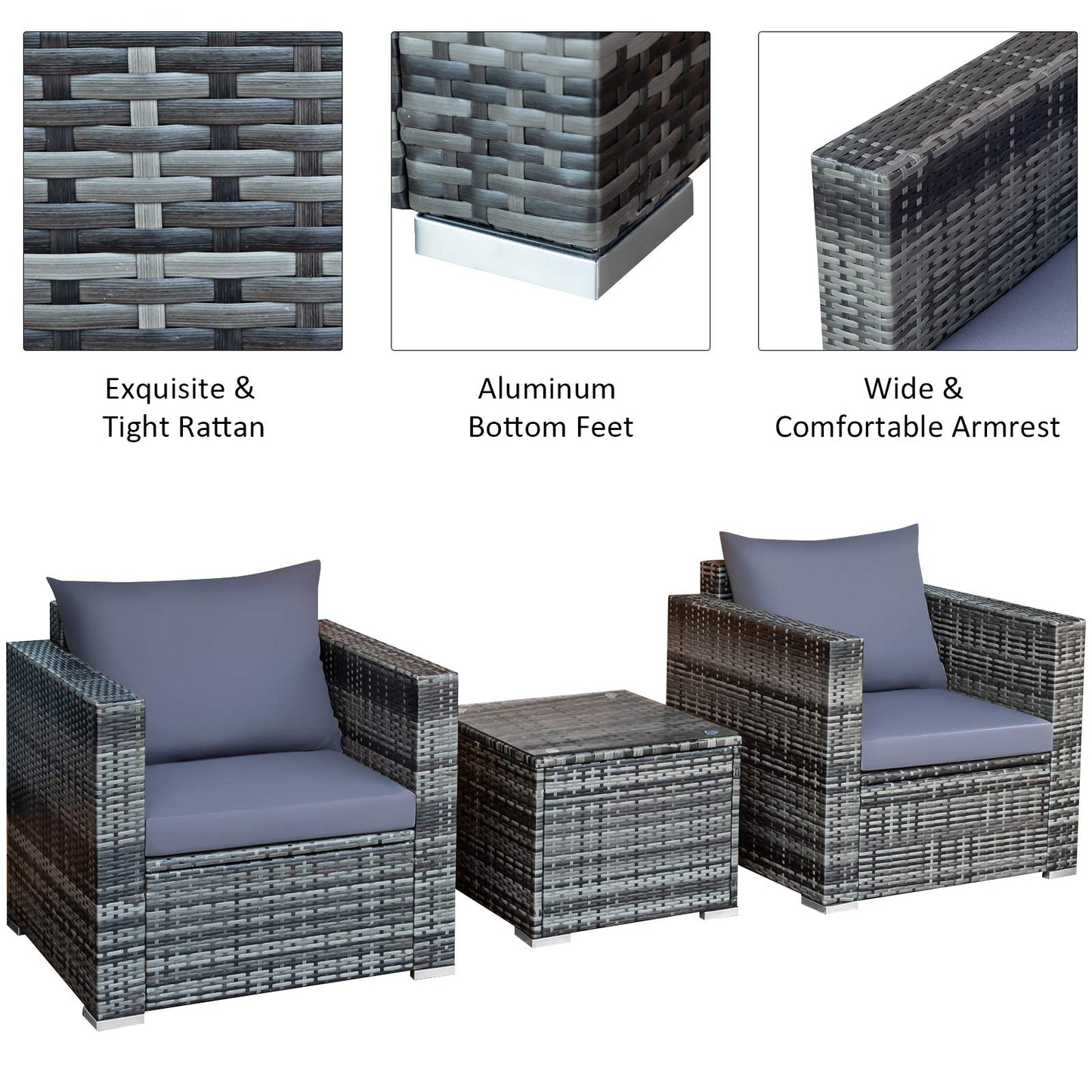 3 Pieces Patio Furniture Set, PE Rattan Wicker Sofa Set w/Washable Cushion and Tempered Glass Tabletop