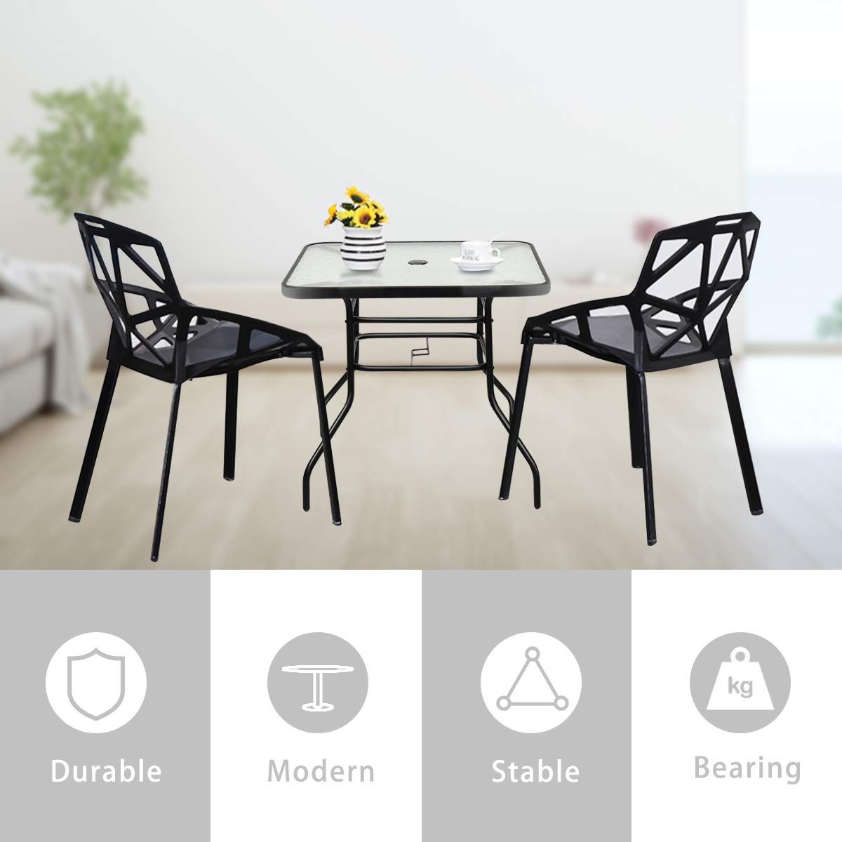 Outdoor Dining Table with 2 inches Umbrella Hole, 32 inches Tempered Glass Top Square Patio Table