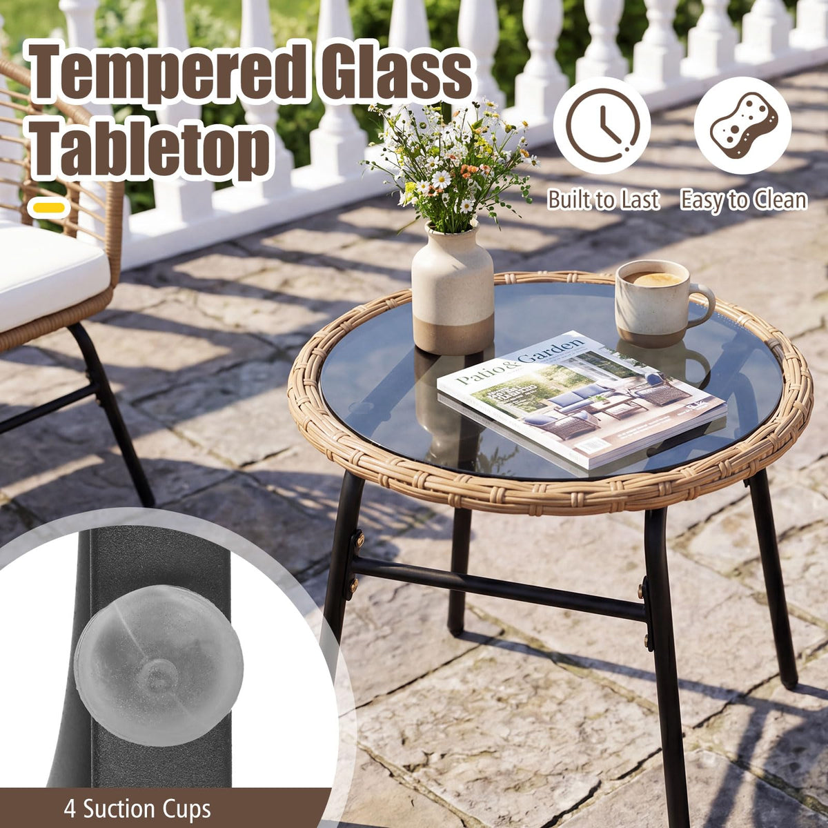 Tangkula 3 Pieces Patio Furniture Set with Tempered Glass Coffee Table and Soft Cushions