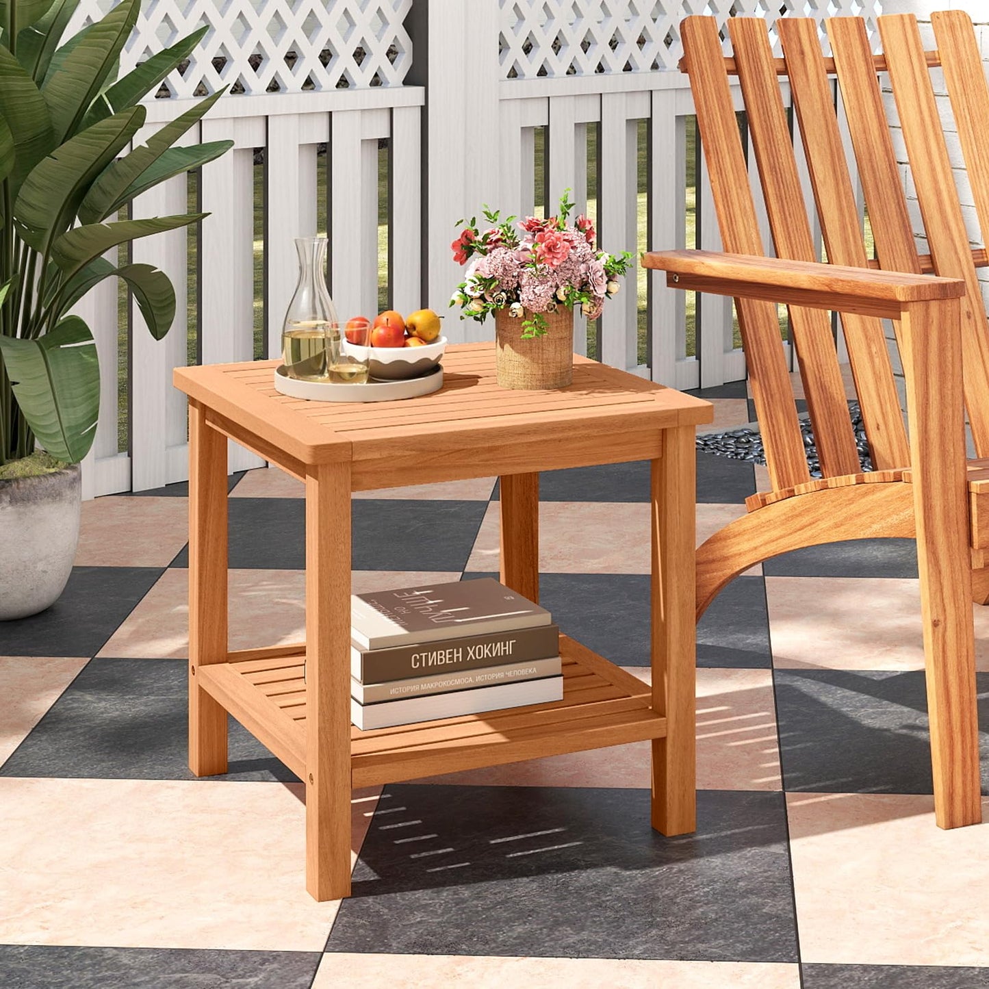 Tangkula Table d'appoint carrée à 2 niveaux en bois d'acacia avec plateau à lattes et étagère de rangement