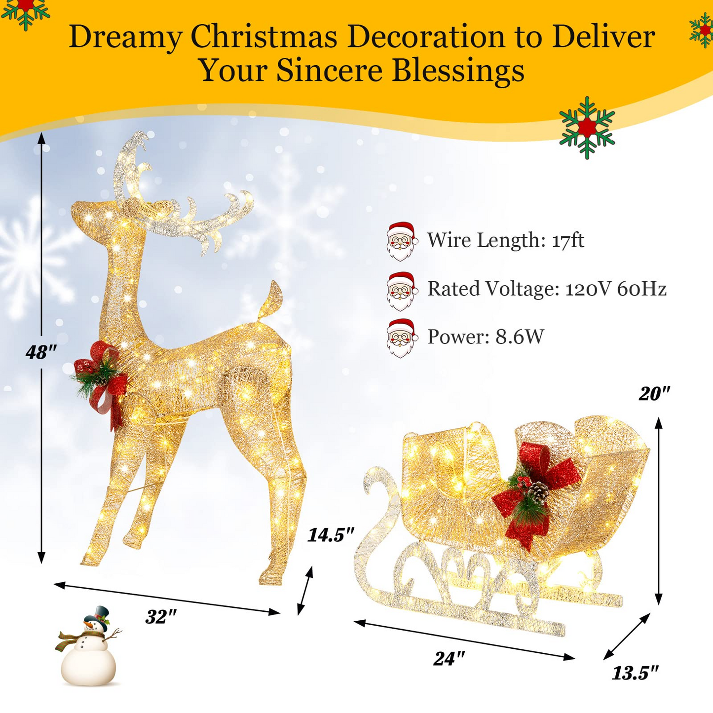 Tangkula 4.7 FT Lighted Christmas Reindeer & Sleigh, Xmas Lighted Outdoor Decoration with 100 Warm Lights
