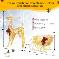 Tangkula 4.7 FT Lighted Christmas Reindeer & Sleigh, Xmas Lighted Outdoor Decoration with 100 Warm Lights