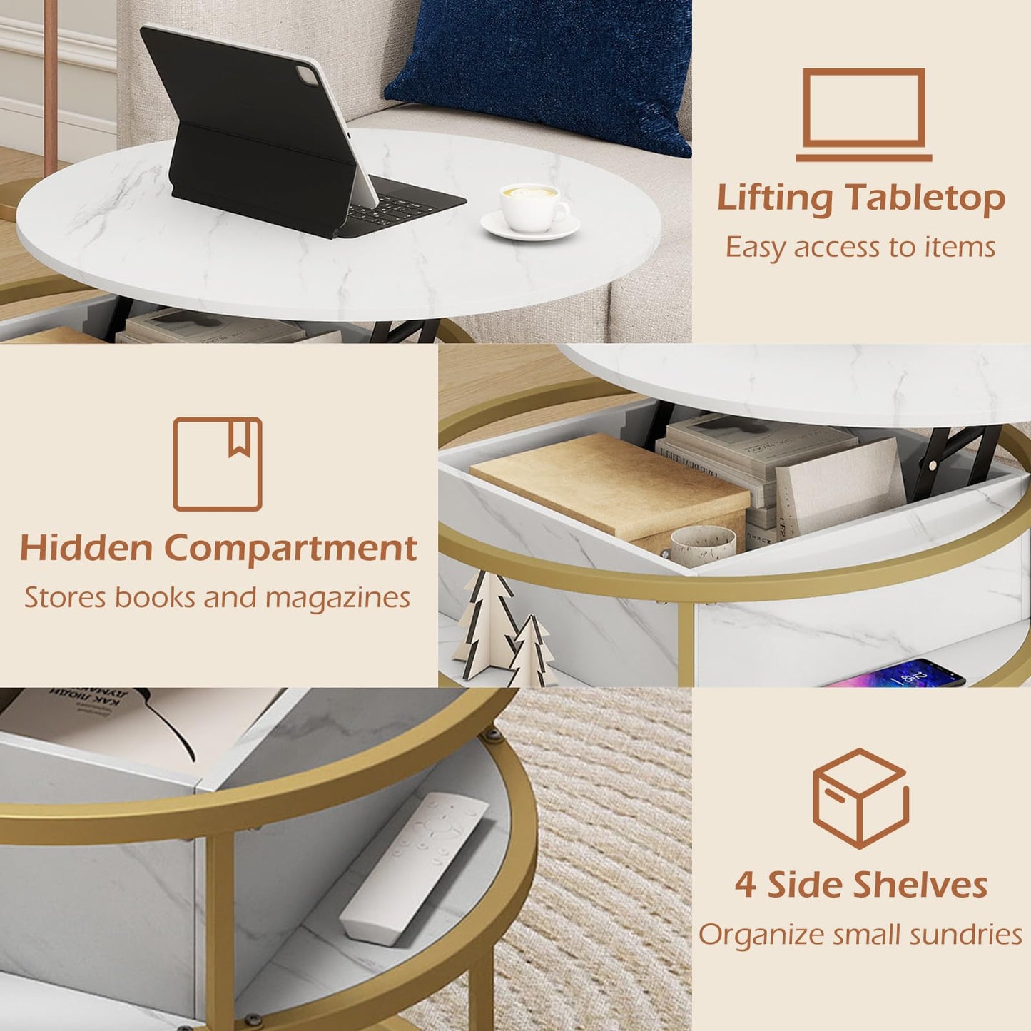 Tangkula 31.5” Round Center Table with Hidden Compartment & Side Shelves