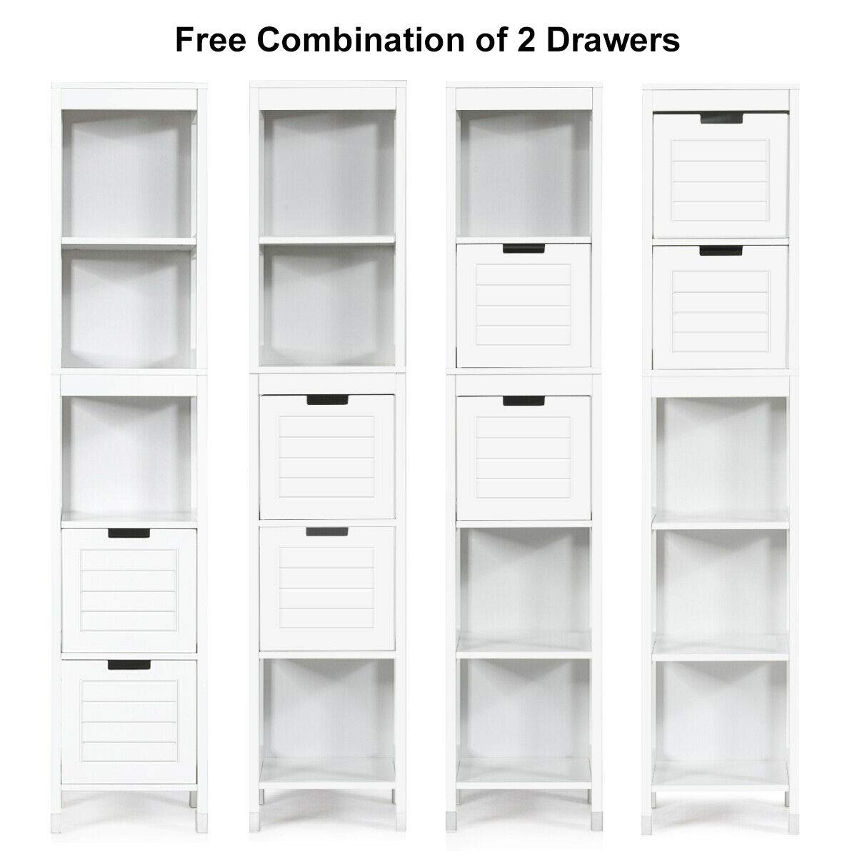 Tangkula Tall Bathroom Storage Cabinet, Multifunctional Bathroom Floor Cabinet with 3 Tier Shelves and 2 Drawers