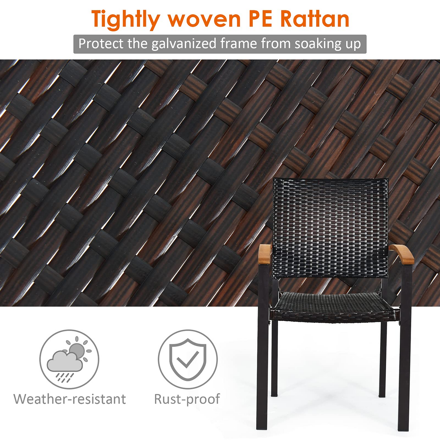 Tangkula 2 Pieces Stackable Patio Rattan Chair, Outdoor PE Wicker Dining Armchair W/Galvanized Steel Frame, Acacia-Topped Armrests