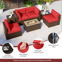 Tangkula 7 Pieces Outdoor Sectional Sofa Set Set with 32” Fire Pit Table and Propane Tank Cover